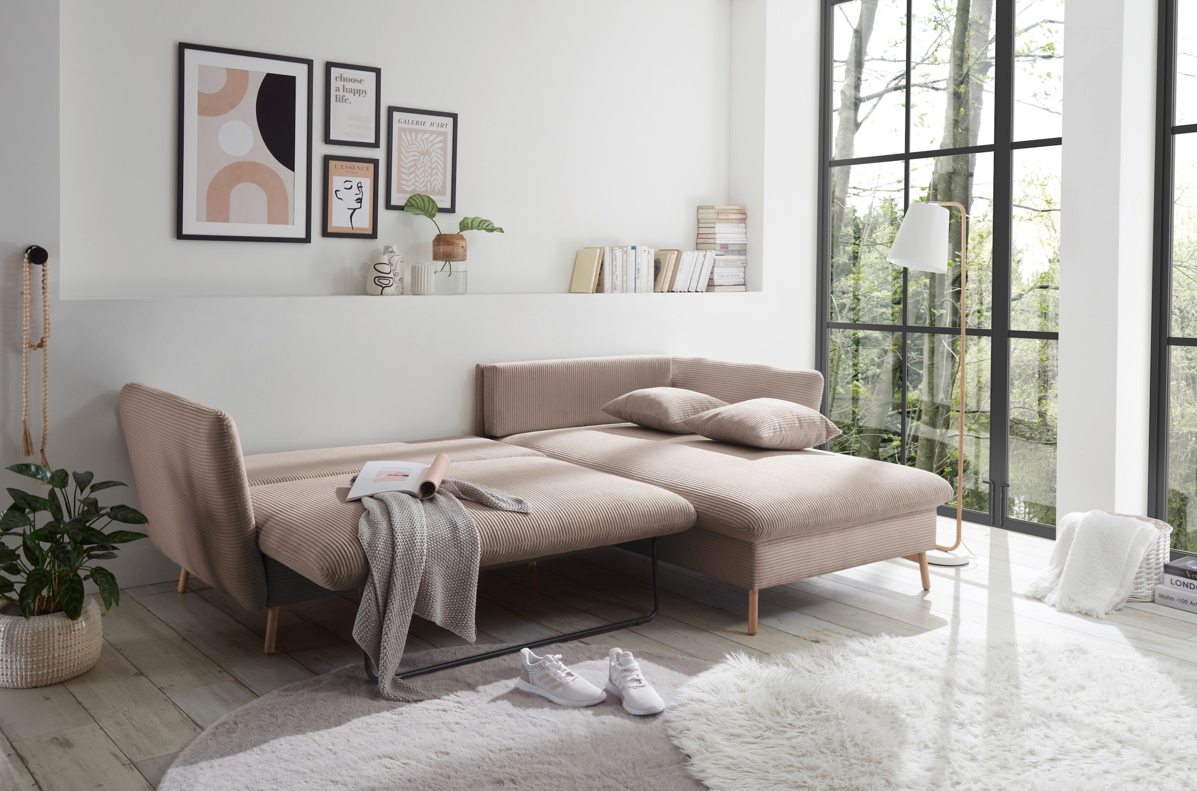 andas Ecksofa »MERLE, 258 cm, L-Form, traumhafter Cord,«, mit Bettfunktion und Bettkasten, Liegefläche 224 x 139