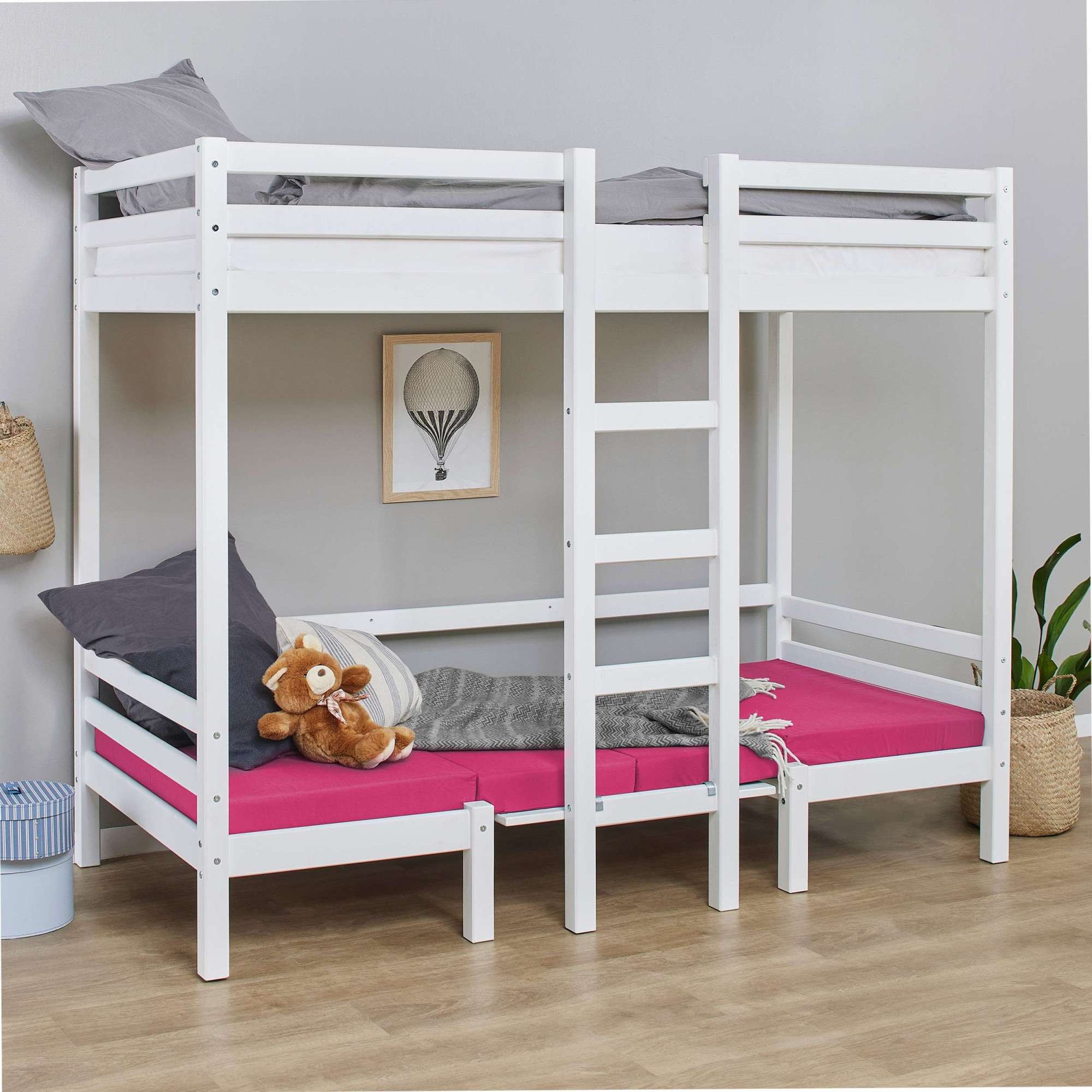 Hoppekids Etagenbett »ECO Dream JUMBO Hochbett B/T/H 101/208/170 cm, umbaubar zum Etagenbett«, Kissen-Set in Pink, Blau oder Schwarz für Sitzgruppe inkl. Tisch