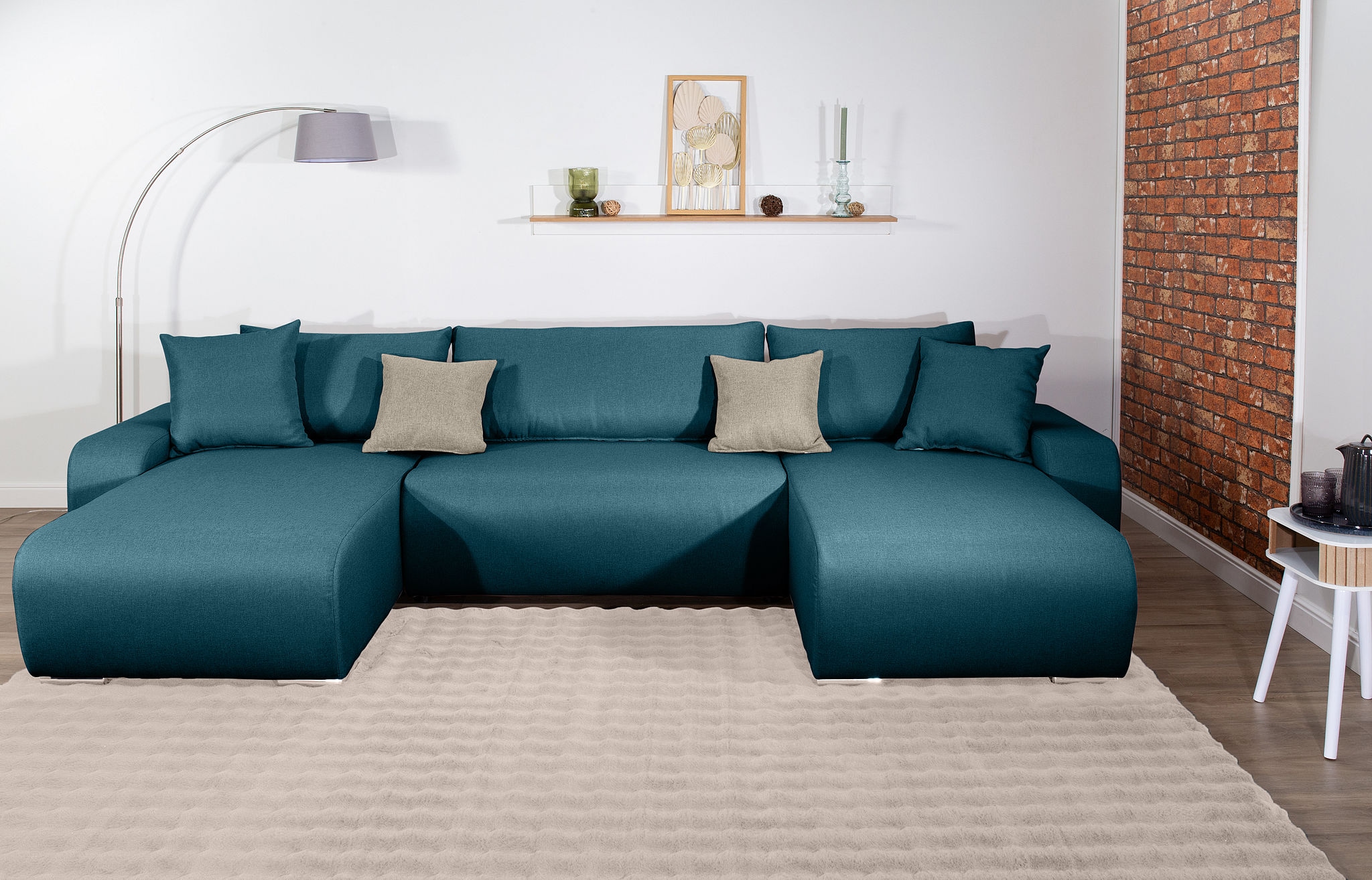 Wohnlandschaft COLLECTION AB, B:314cm H:41cm T:169cmpetrol, 100%Polyester, Sofas, "Paola U-Form, Breite 314 cm", Wohnlandschaft,2