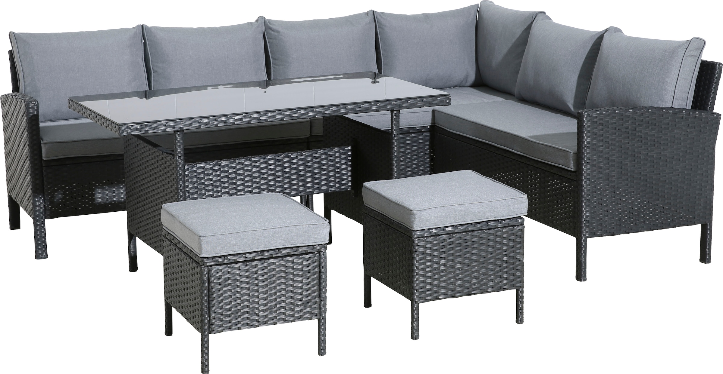 KONIFERA Gartenlounge-Set »»Manhattan««, (Set, 18 tlg., Ecklounge, Tisch 66x120x74 cm, 2 Hocker, inkl. Auflagen), Stahl/Polyrattan