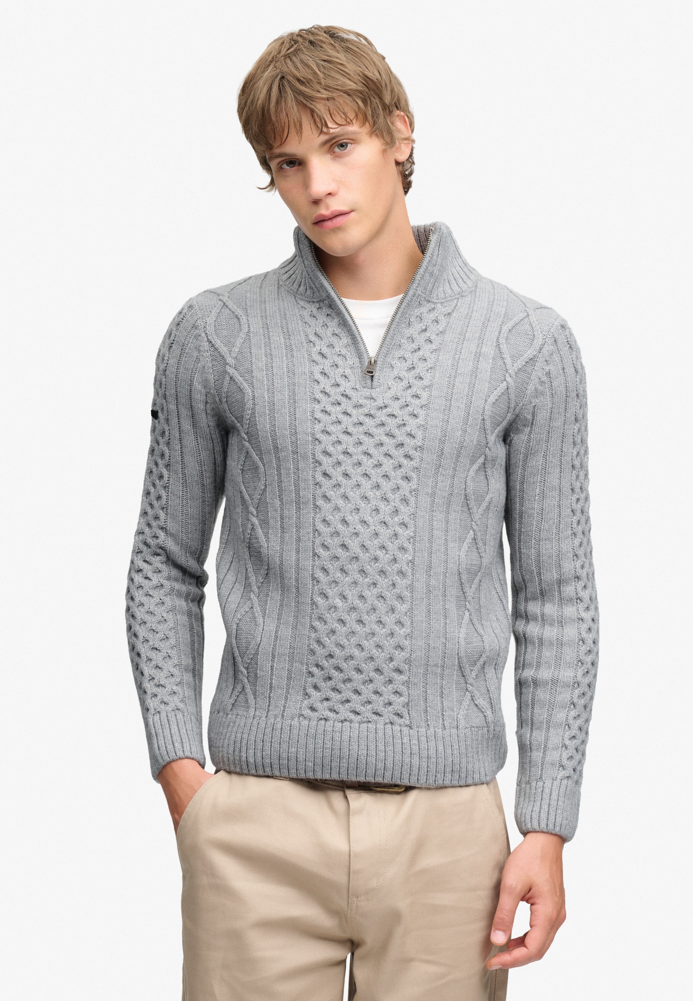 Superdry Strickpullover "Jacob Cable Half Zip Knit" Materialmix, Slim Fit
