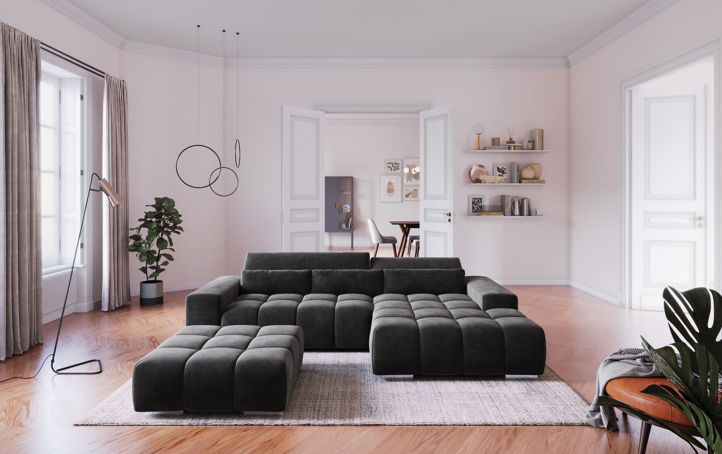 COTTA Ecksofa "Orion L-Form, B: 307 cm, moderne Steppung, bequeme Wellenunterfederung" 2x Kopfteilverstellung & 3 Nierenkissen