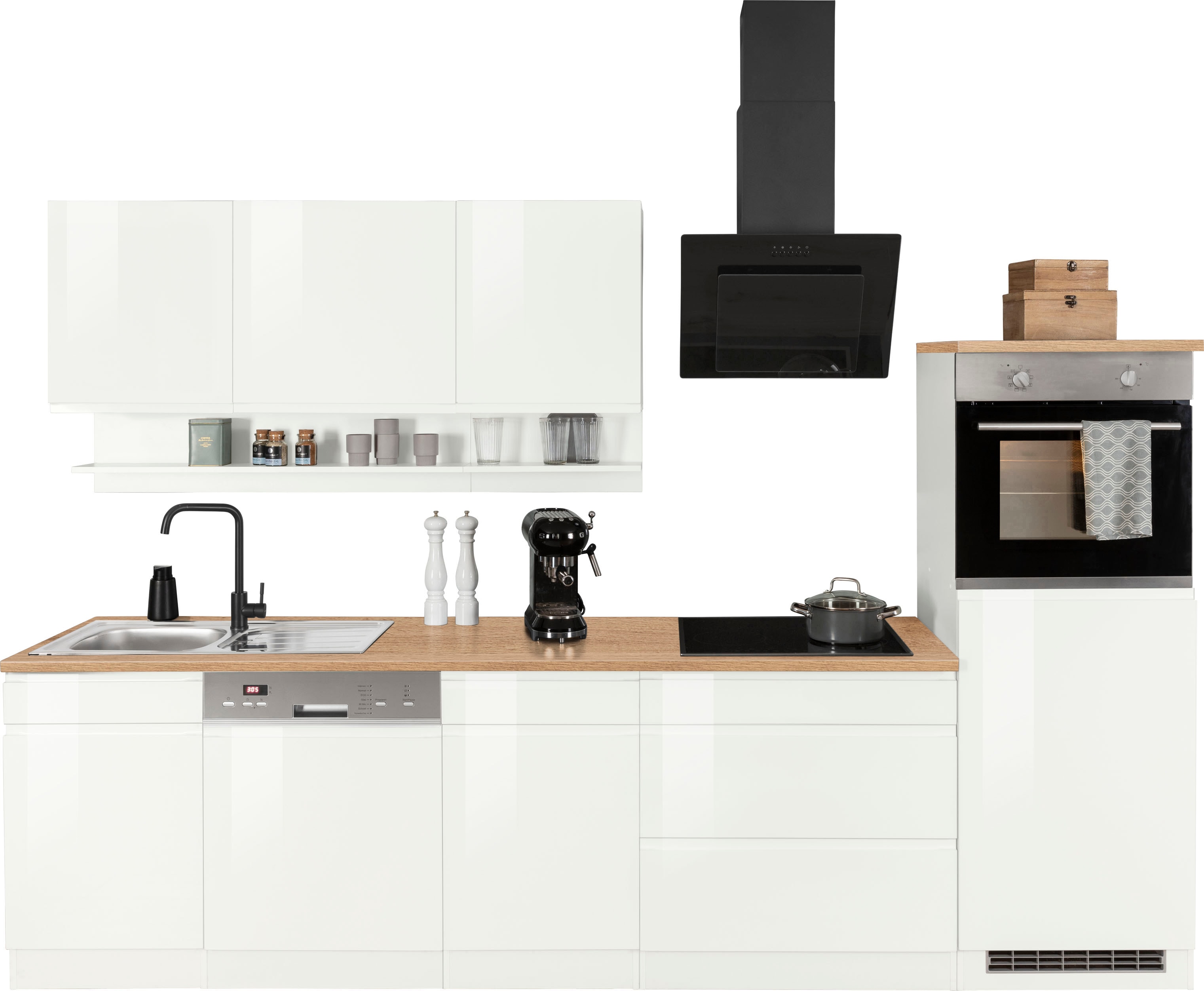 KOCHSTATION Küchenzeile "KS-Virginia,neu in verbesserter Ausführung" Arbeitsplatte 38 mm stark, Stauraum, Softclose, Breite 300 cm, Soft-Close, wahlweise mit Induktion