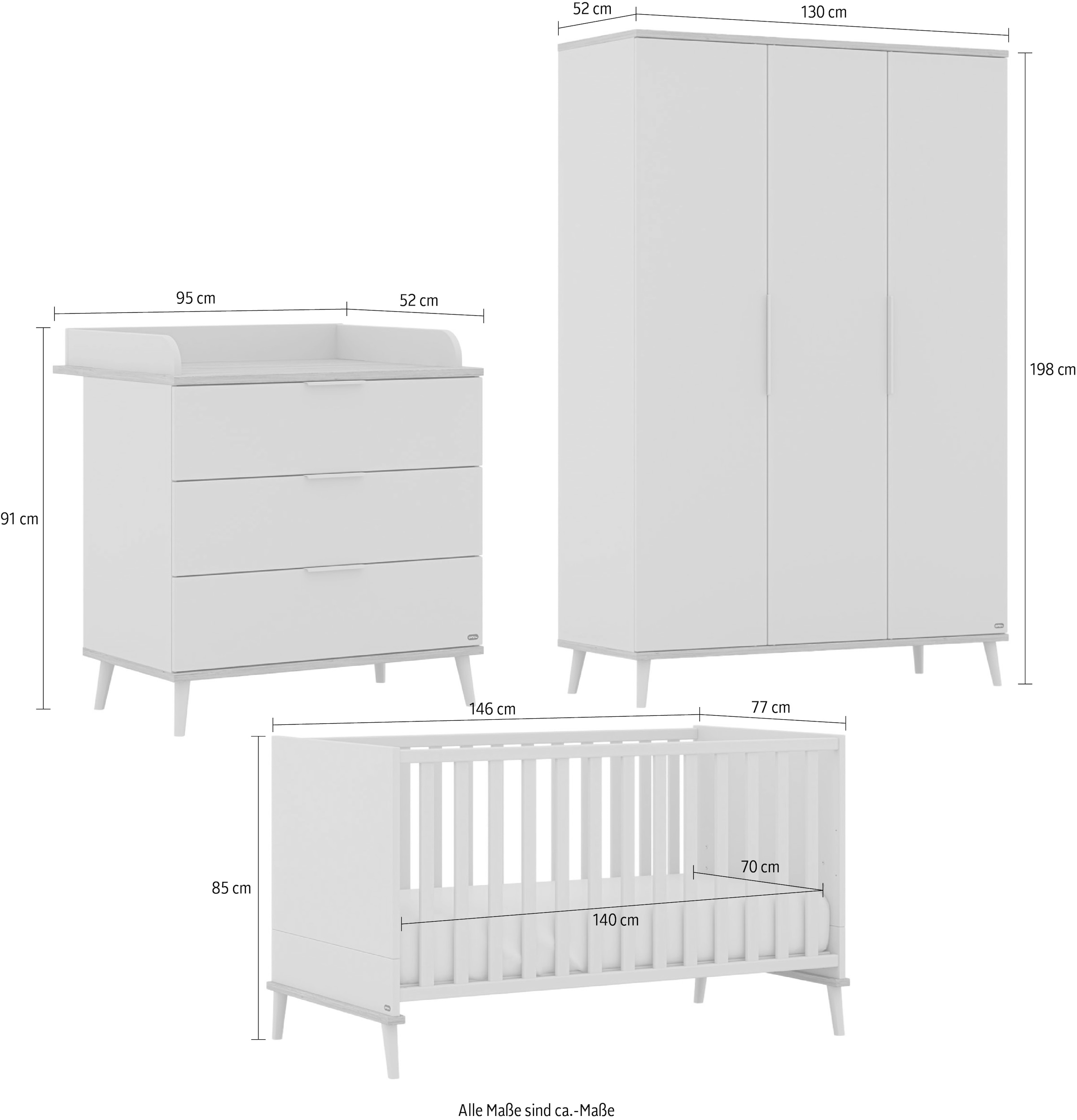 YUNY by PAIDI Babymöbel-Set »HAZEL, 3-teiliges Babyzimmer in Beige, modernes Komplettset« Spar-Set, 70x140cm Babybett, Kleiderschrank 3-türig, Wickelkommode inkl. Aufsatz, 3 tlg. Kinderzimmer, Soft-Close-Funktion, Mitwachsendes Bett inkl. Lattenrost
