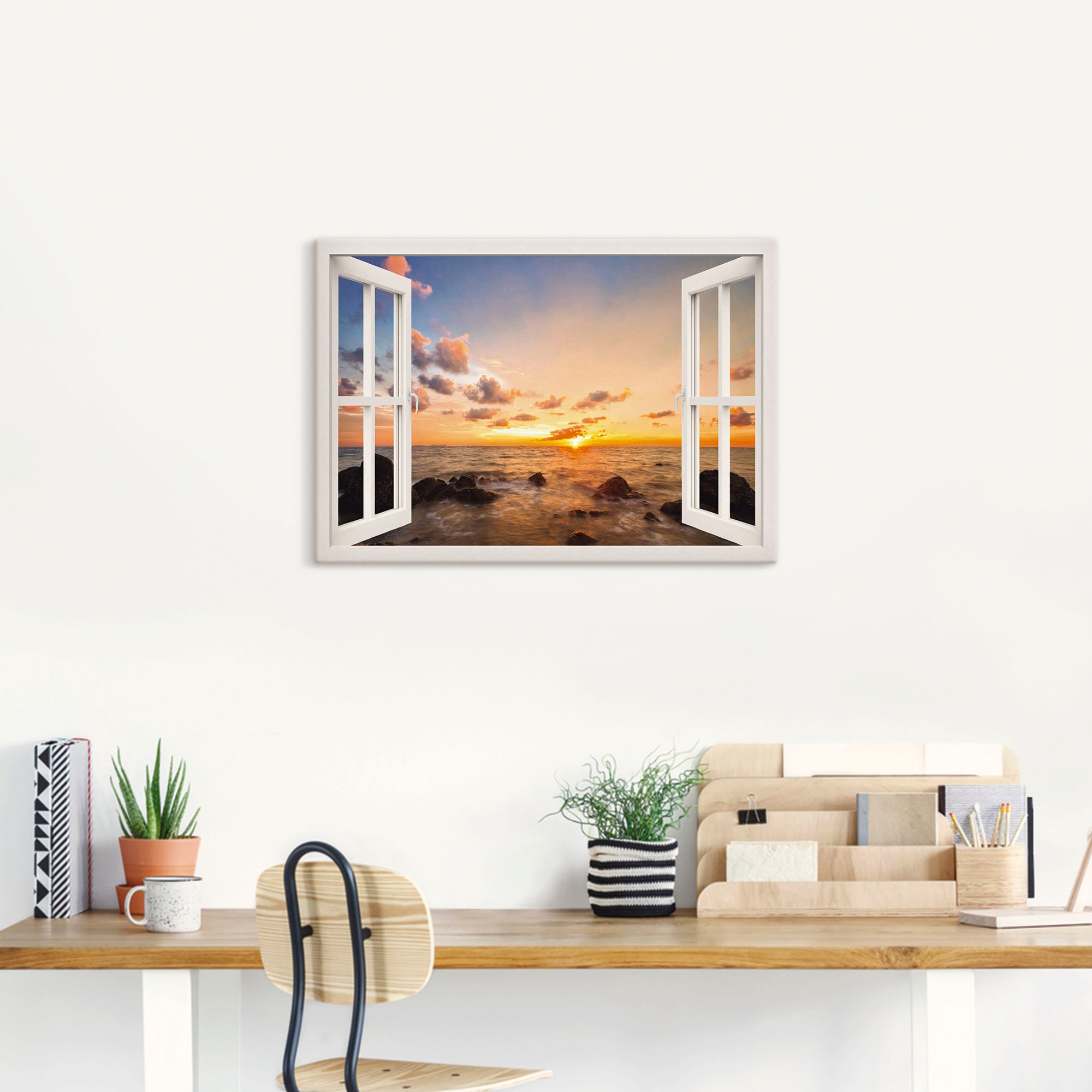 Artland Wandbild »Fensterblick Sonnenuntergang am Meer«, Fensterblick, (1 St.), als Alubild, Outdoorbild, Leinwandbild, Wandaufkleber, versch. Größen