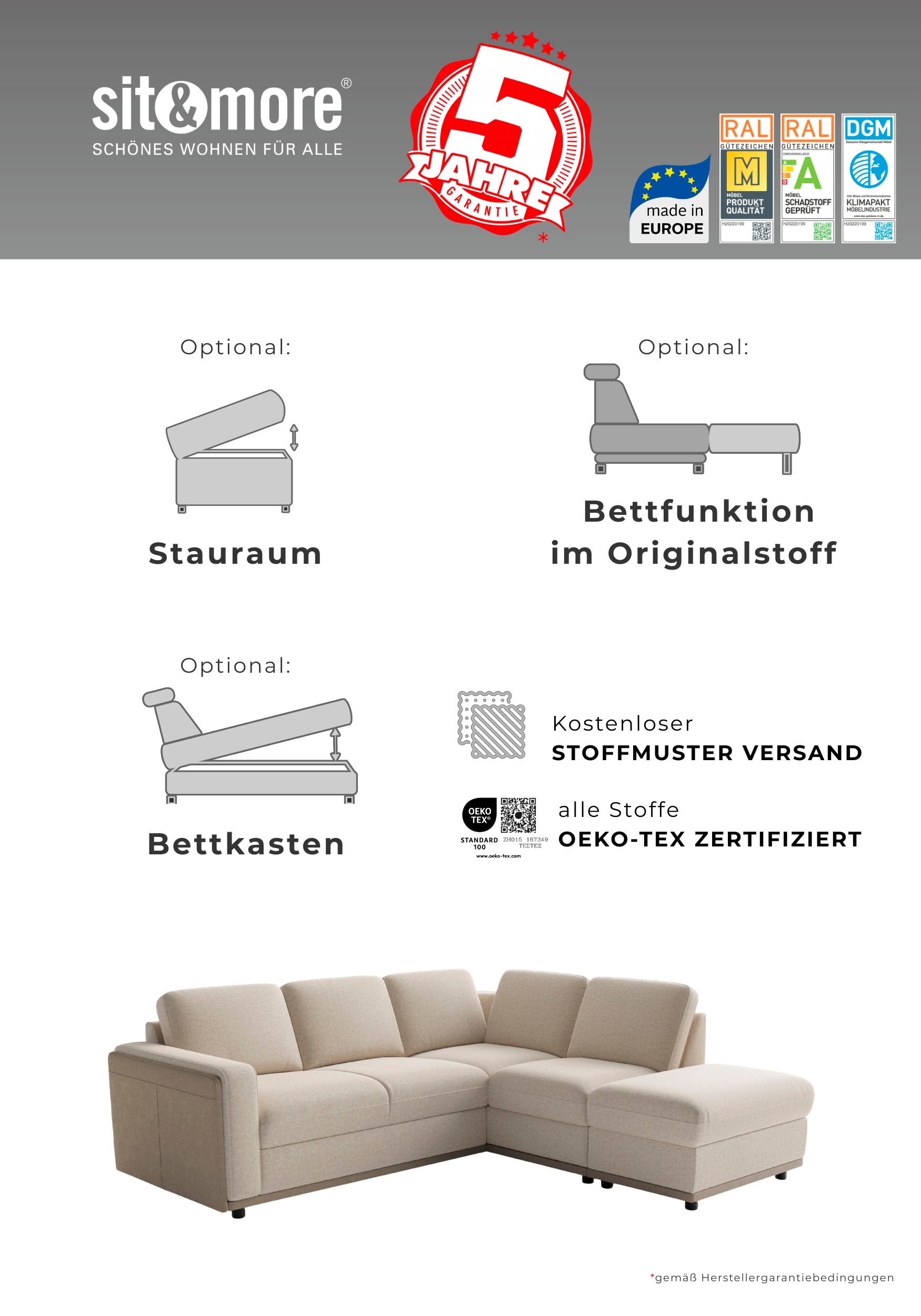 sit&more Wohnlandschaft »Cordoba« wahlweise mit Bettfunktion und Bettkasten oder Stauraum