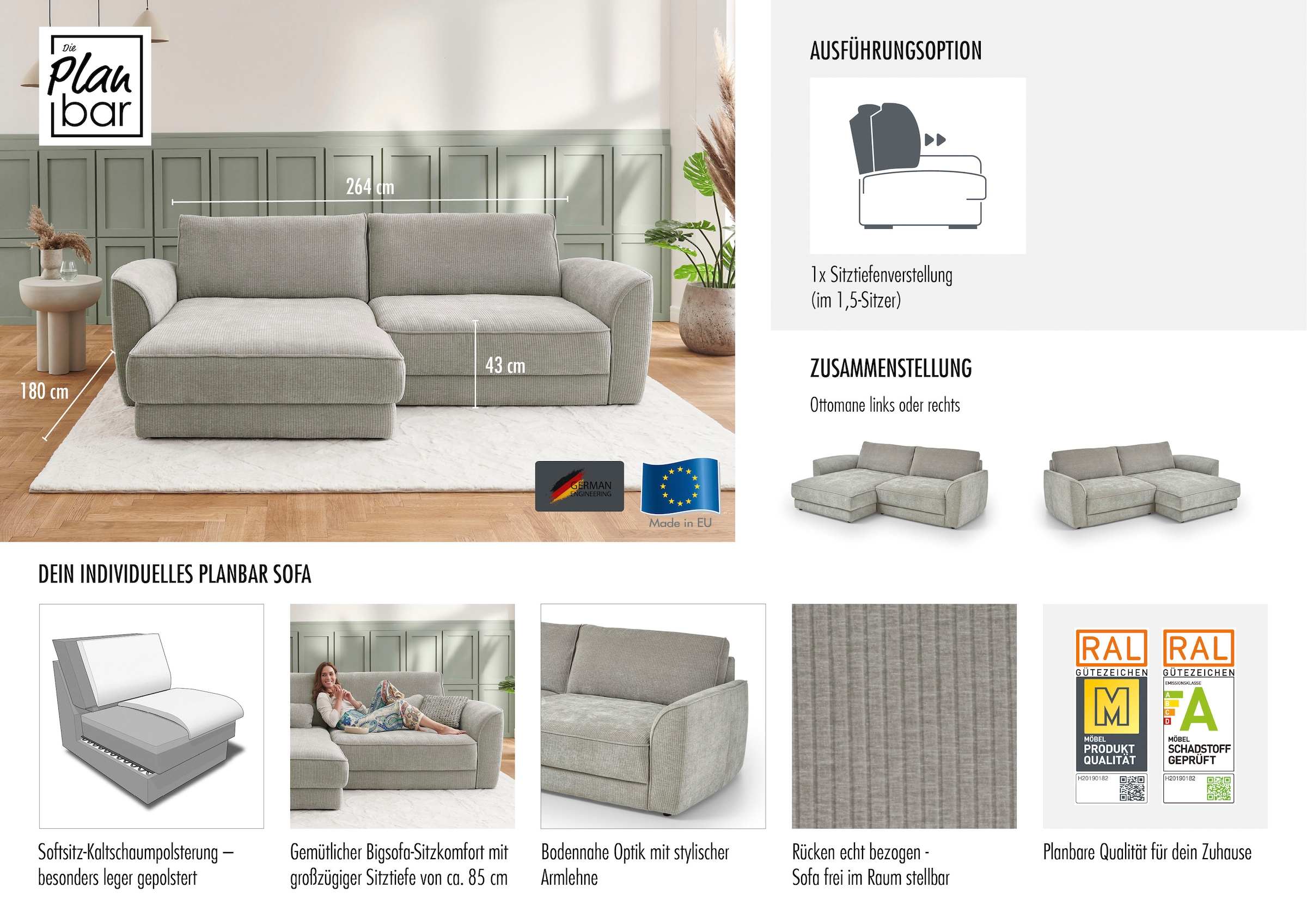 Die PlanBar Ecksofa »Ecksofa ZE-EM24138, L-Form, B: 264 cm« SoftSitz-Kaltschaumpolsterung, wahlweise mit Sitztiefenverstellung