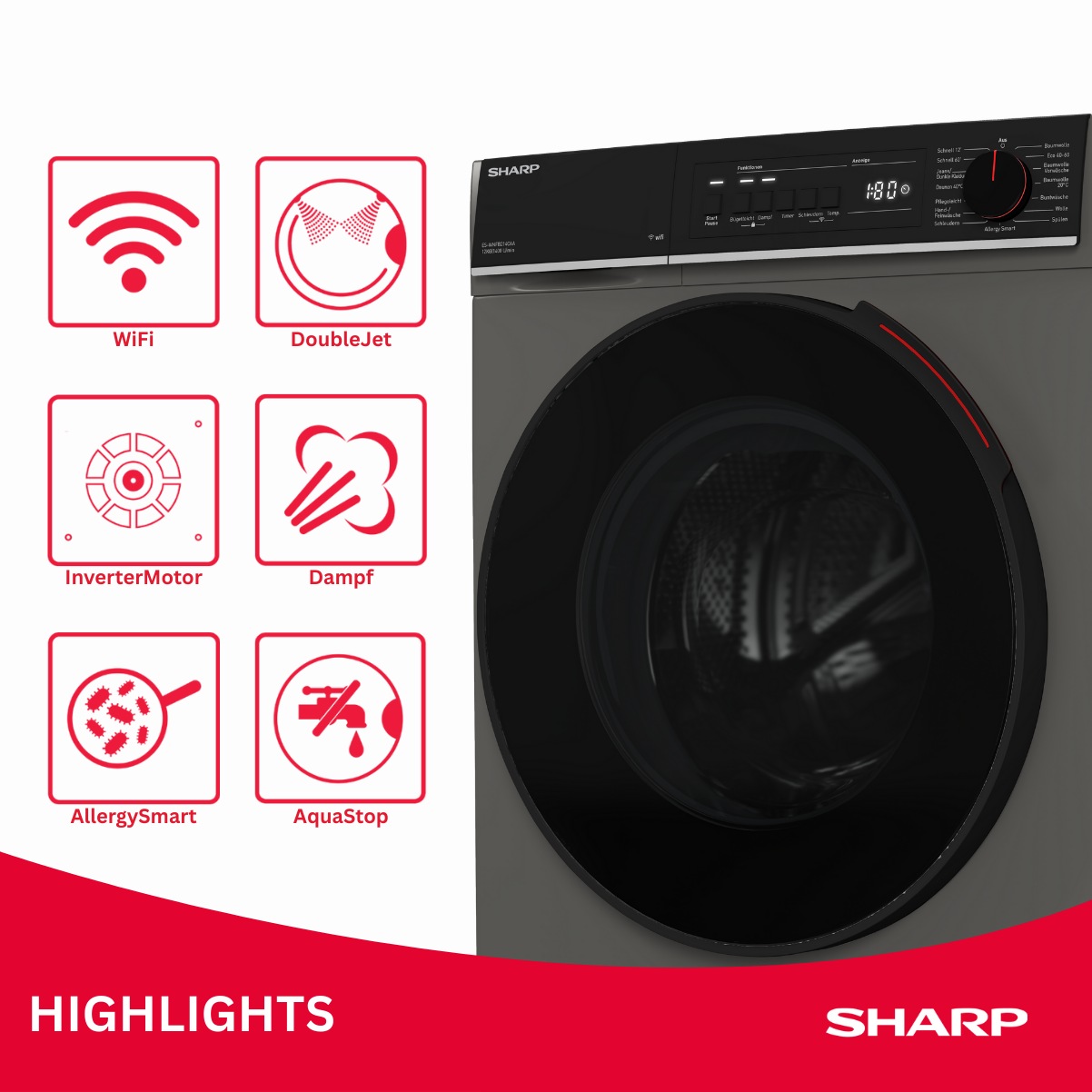 Sharp Waschmaschine »ES-WNFB214CAA-DE« 12 kg 1400 U/min 12kg / +WIFI / A-20% / black Doorring+knob / Steam / Espresso Grey