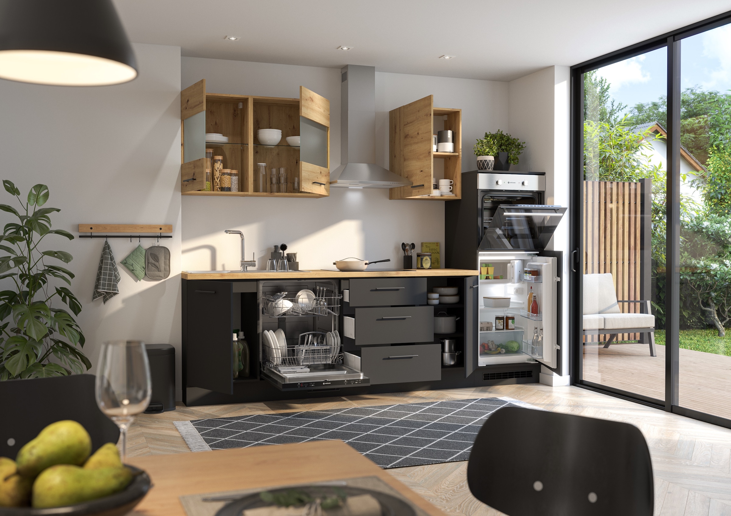 BASIC by Balculina Küchenzeile »Capri B/T/H 280x60x218 cm« Breite 280 cm, wahlweise mit edelstahlfb. oder schwarzen E-Geräten