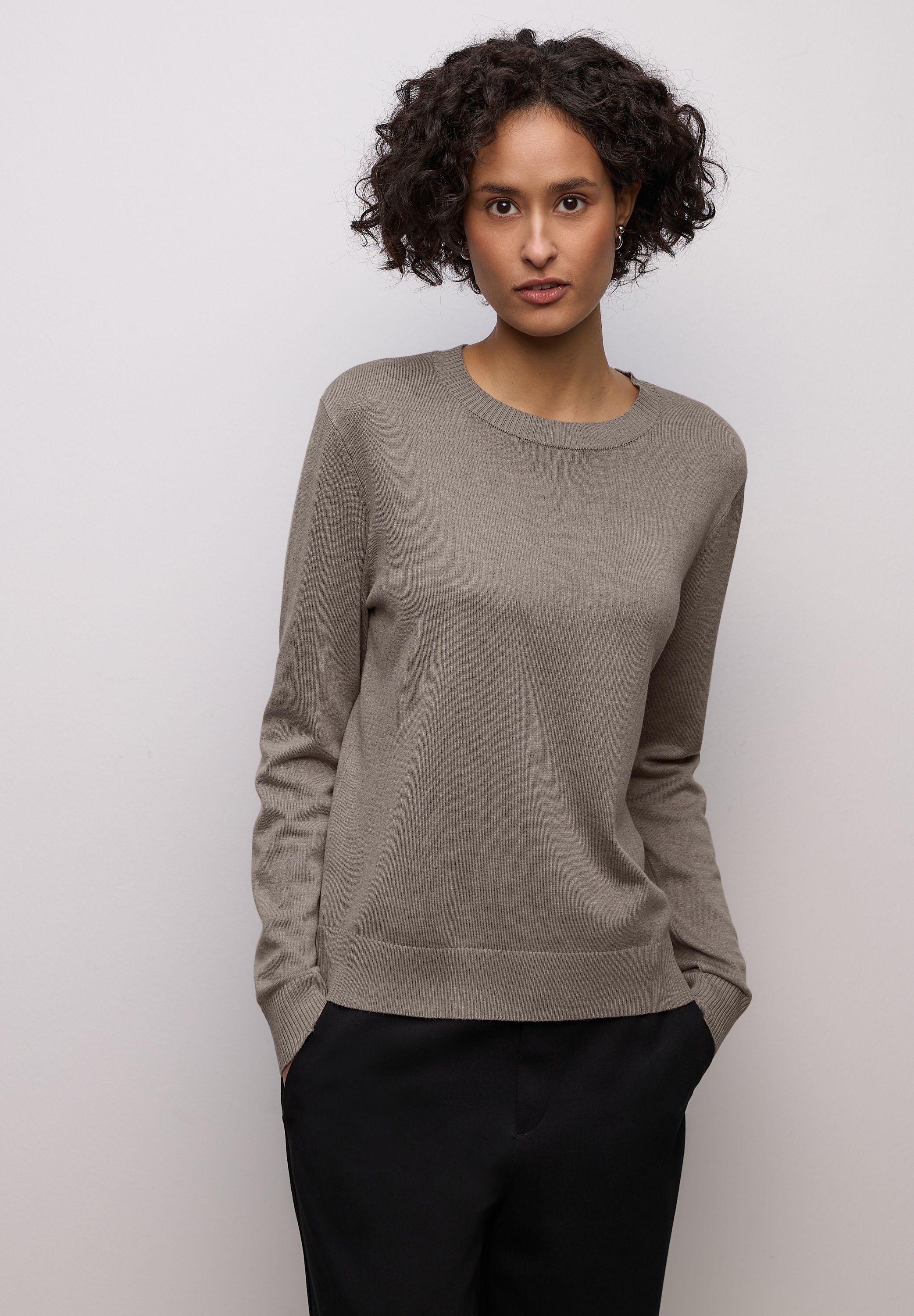 Rundhalspullover STREET ONE, Damen, Gr. 42, mocha glow meliert, Stoff, 86% Viskose, 14% Polyester, unifarben, normal normal, Rundhals, Rippbündchen, Pullover Rundhalspullover, mit Rundhalsausschnitt