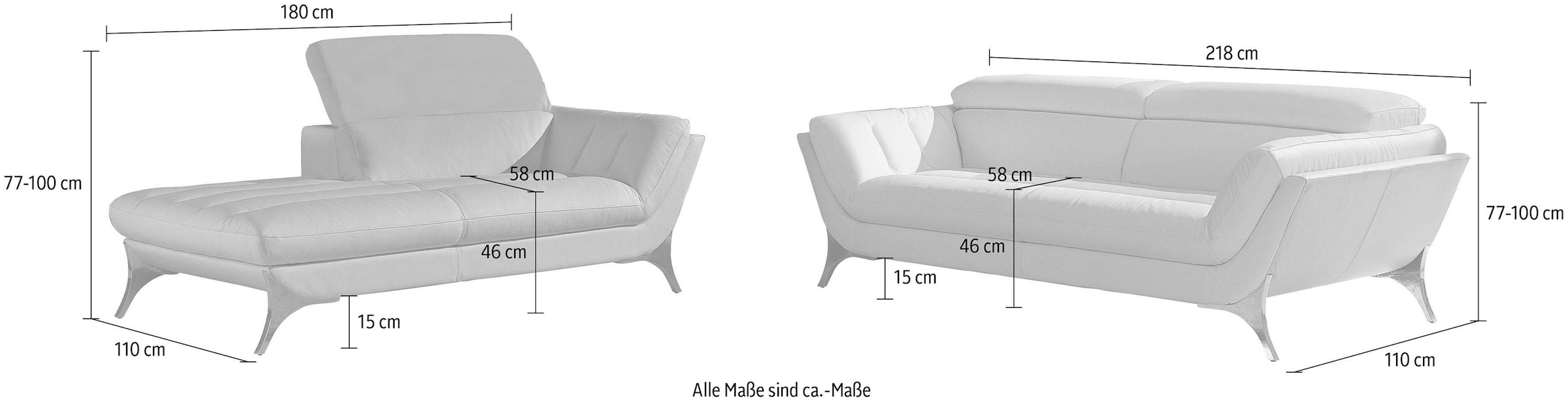 Egoitaliano Polstergarnitur »Sueli«, (Set), bestehend aus Sofa und Recamiere, Kopfteilverstellung, Bezug Leder
