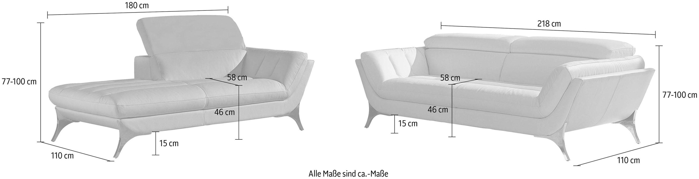 Egoitaliano Polstergarnitur »Sueli«, (Set), bestehend aus Sofa und Recamiere, Kopfteilverstellung, Bezug Leder