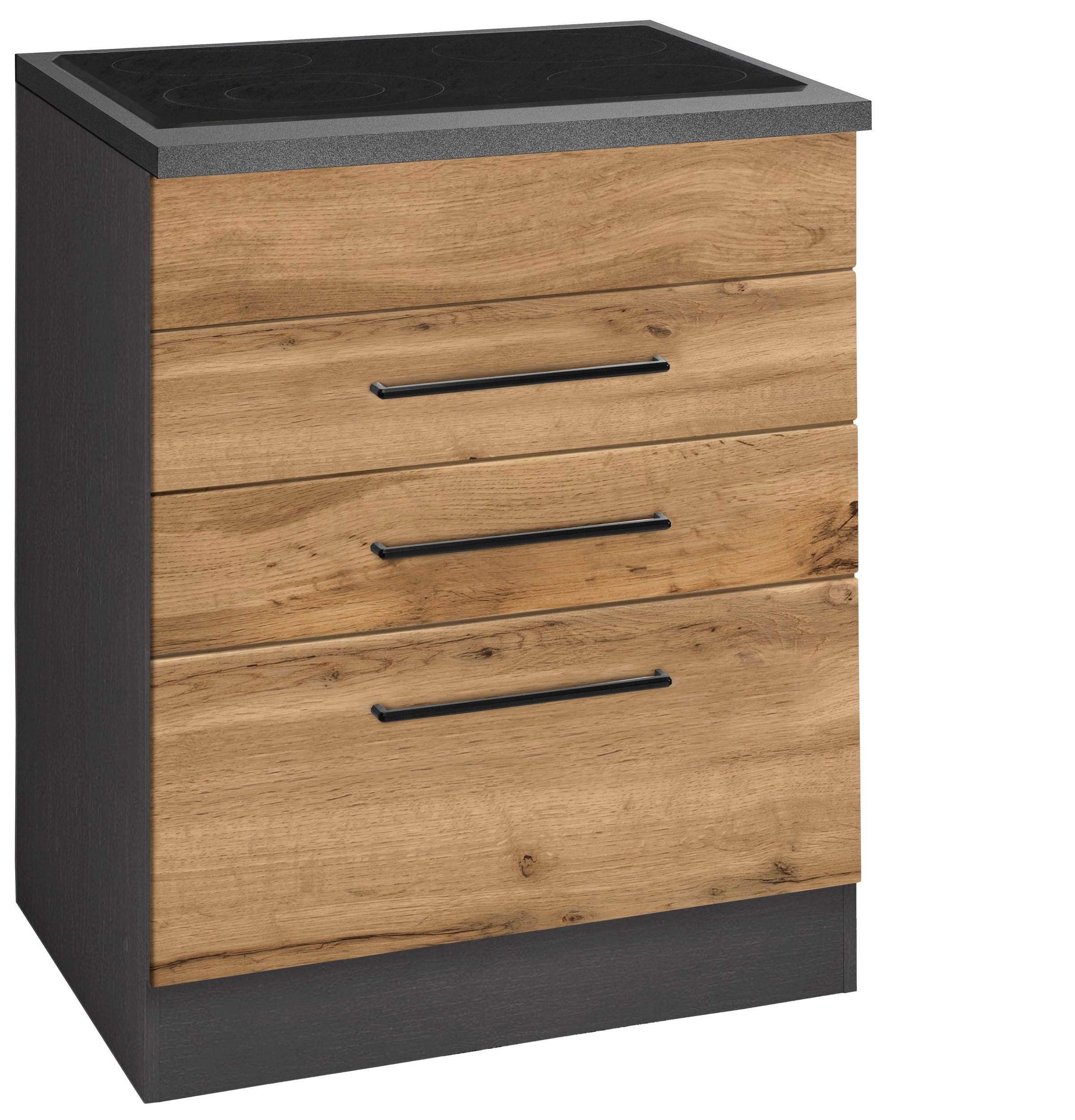 KOCHSTATION "KS-Tulsa" 60 cm breit, 2 Schubladen, 1 großer Auszug, schwarzer Metallgriff