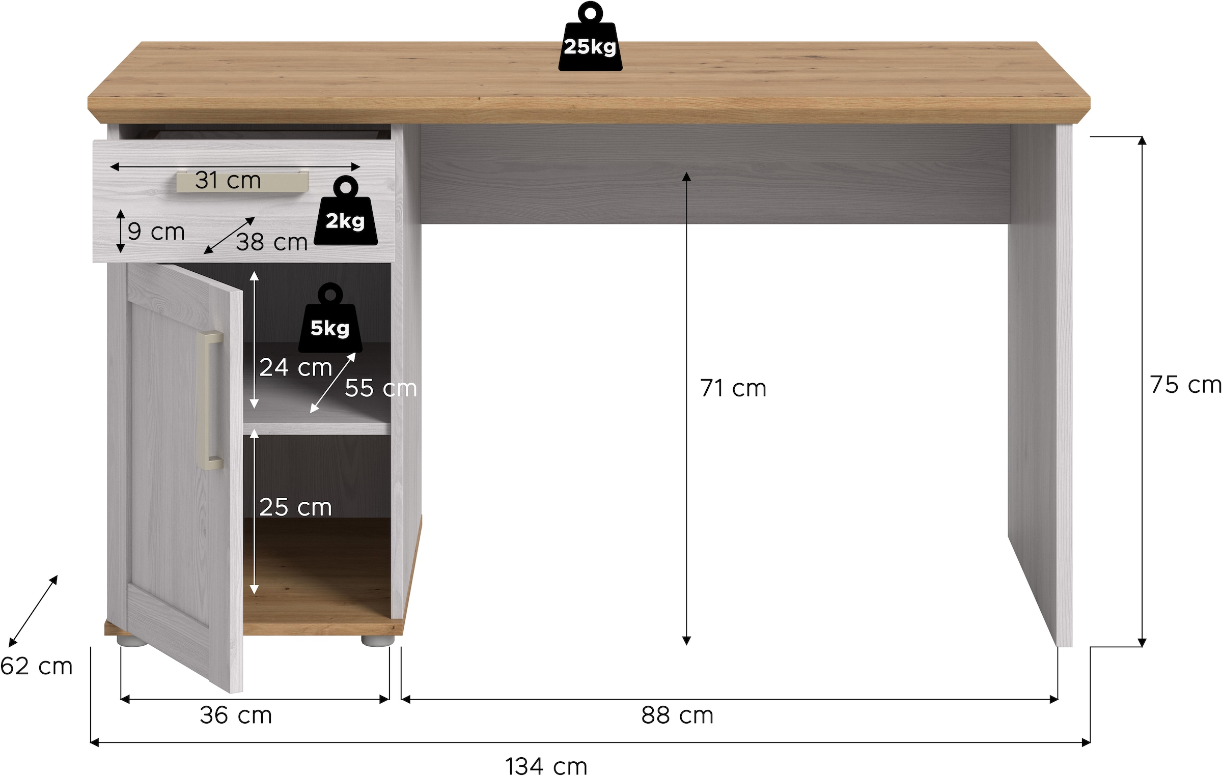 Home affaire Schreibtisch »COSENZA, Breite 134 cm, 1 Tür, 1 Schubkasten, 2 Fächer« in Landhausoptik, mit weiteren Artikel der Serie kombinierbar,  Bürotisch, Computertisch, Laptoptisch, Home-Office