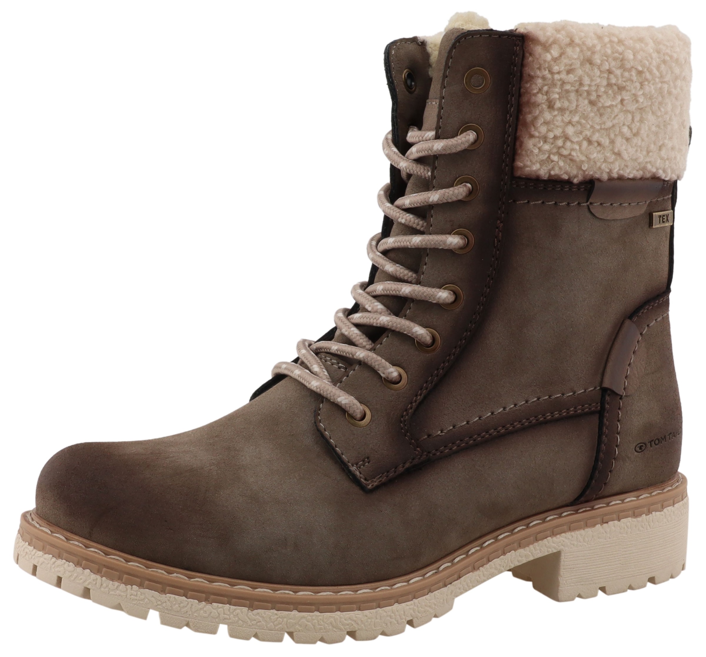 Winterboots TOM TAILOR, Damen, Gr. 39, taupe, Lederimitat, Textil, used, Schuhe Winterboots, Workerboots, Hiking Boot mit Blockabsatz