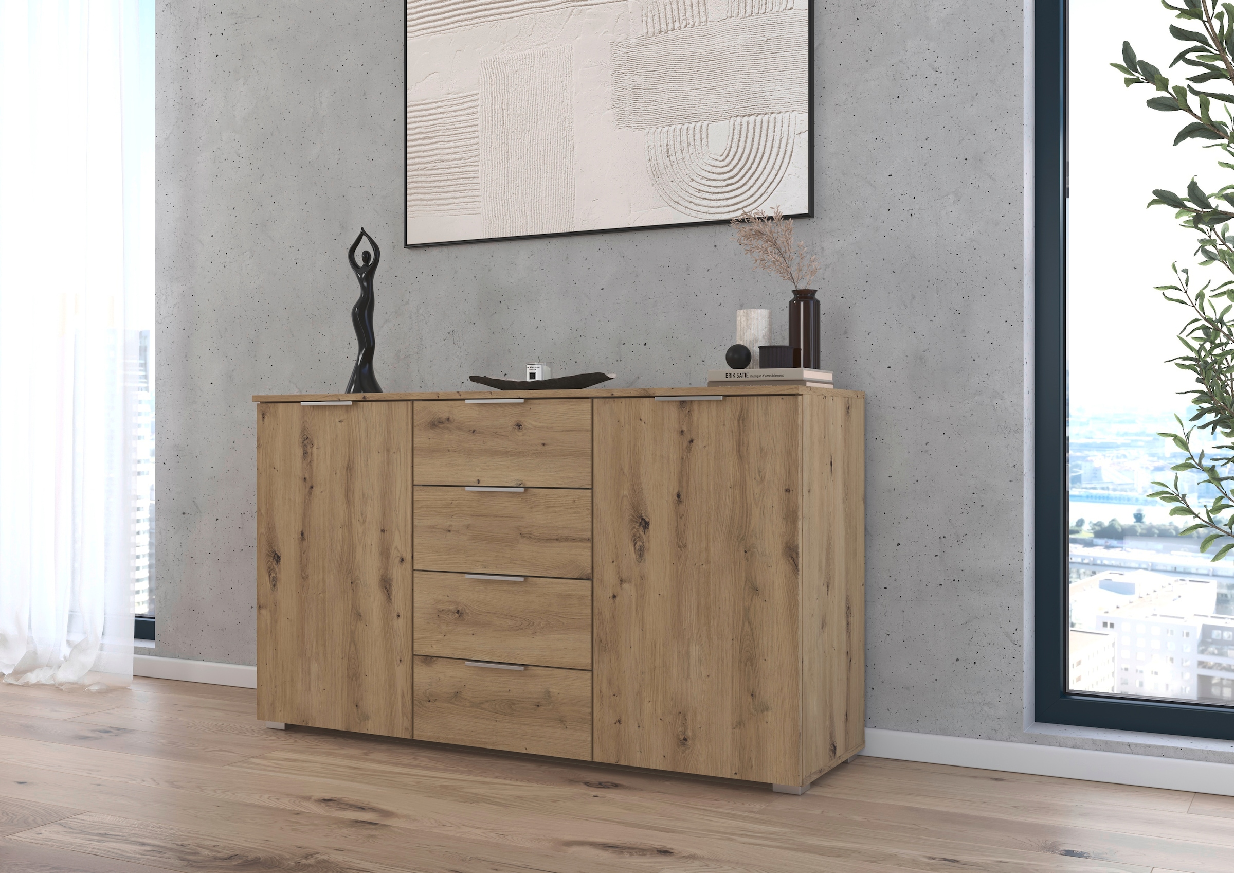 rauch Kombikommode »Sideboard Schubladenkommode AGORDO mit Dekor- oder Hochglanzfront«, (in zwei Griff-Farben), mit 4 Schubkästen und 2 Türen sowie Metallgriffen MADE IN GERMANY