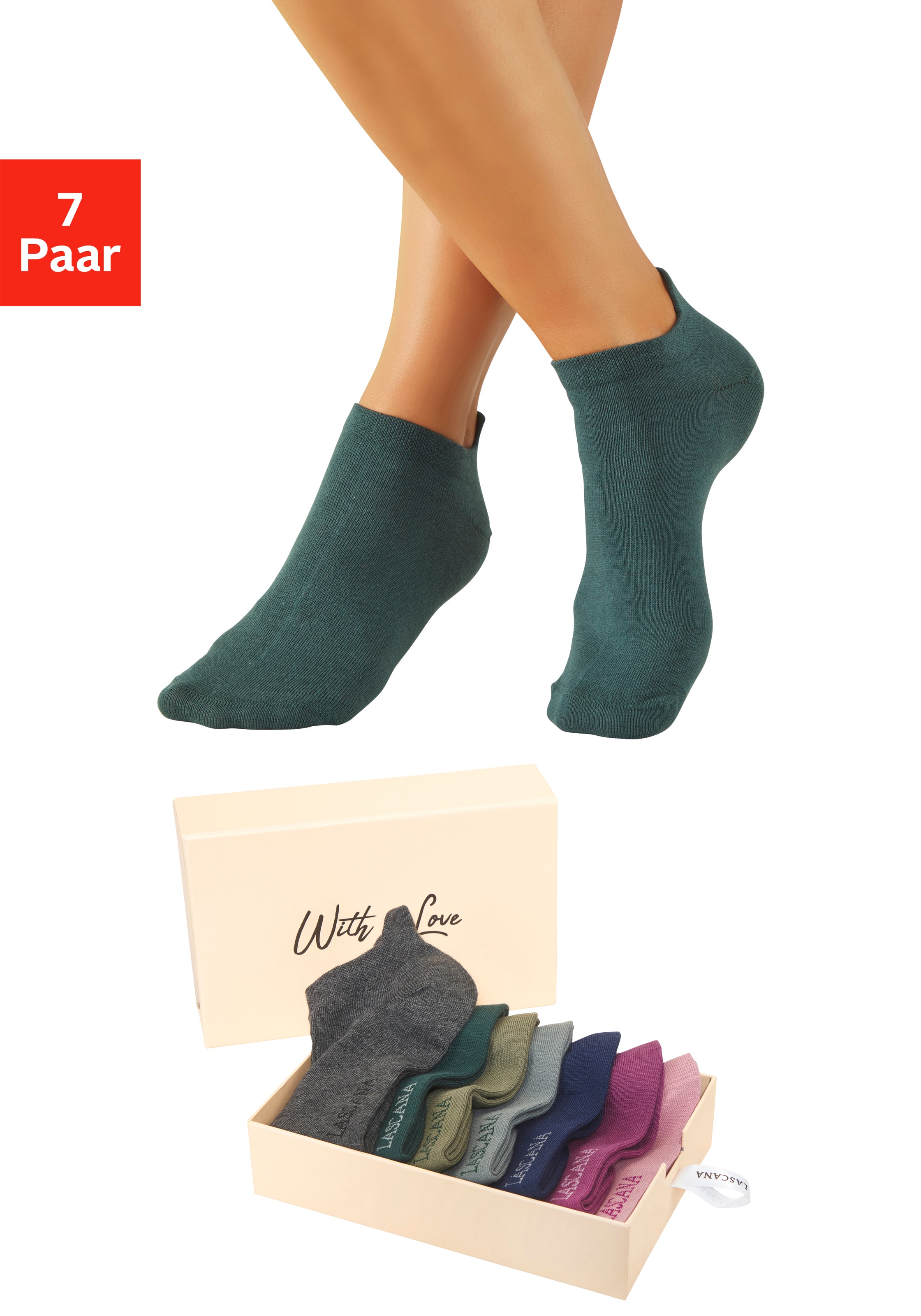 LASCANA Sneakersocken "für Damen mit eingestricktem Markenlogo" Box, Box, 7 Stk. tlg. in ansprechender Geschenkbox