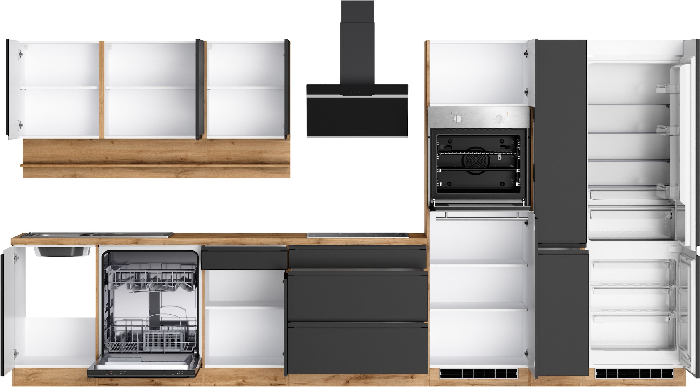 KOCHSTATION Küchenzeile »KS-Virginia,neu in verbesserter Ausführung« Arbeitsplatte 38 mm stark, Stauraum, Softclose,  Breite 390 cm, Soft-Close, mit Glaskeramik-oder Induktionskochfeld