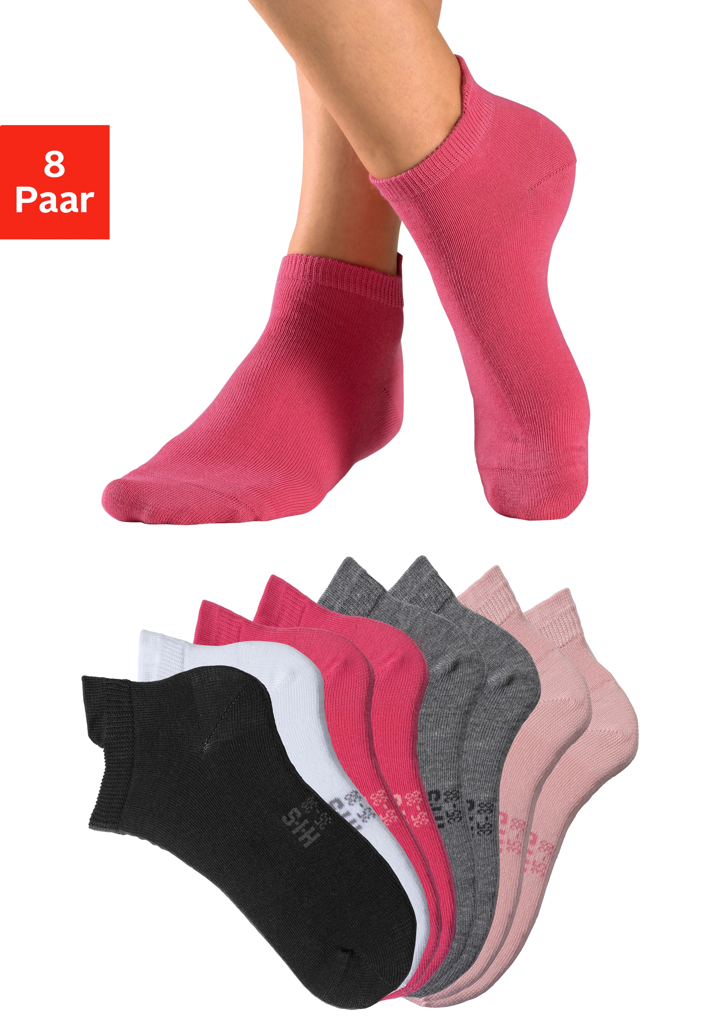 H.I.S Sneakersocken "Damen Herren kurze Sportsocken Laufsocken Atmungsaktive Baumwolle" Packung, 8 Stk. tlg. Knöchelsocken mit verlängertem Bündchen hinten