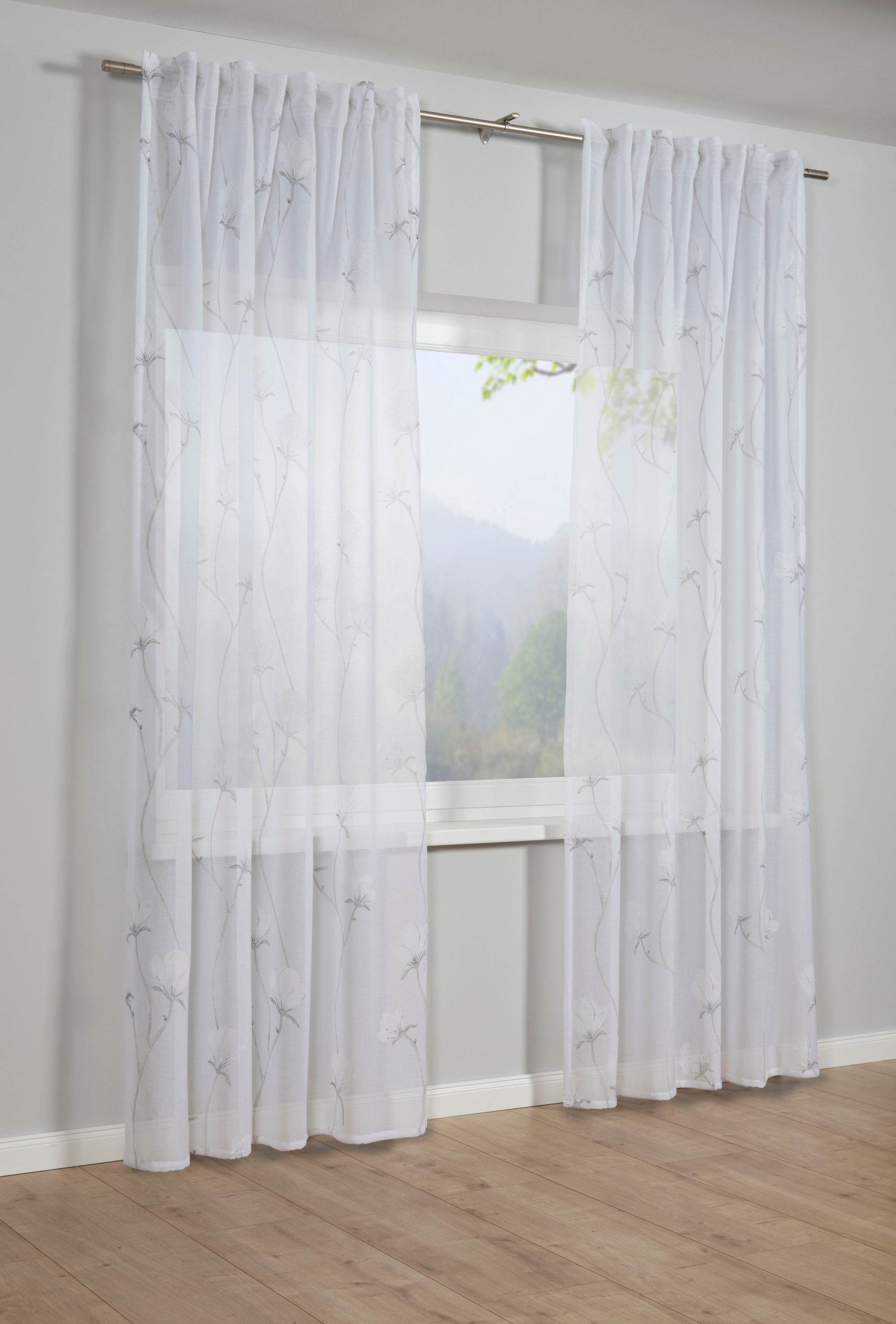 Gardine GARDINIA, B:140cm H:245cm, grau, Obermaterial: 100% Polyester, Wohnzimmer, Gardinen, "Schal mit Gardinenband Snowvoile mit Blütendruck",