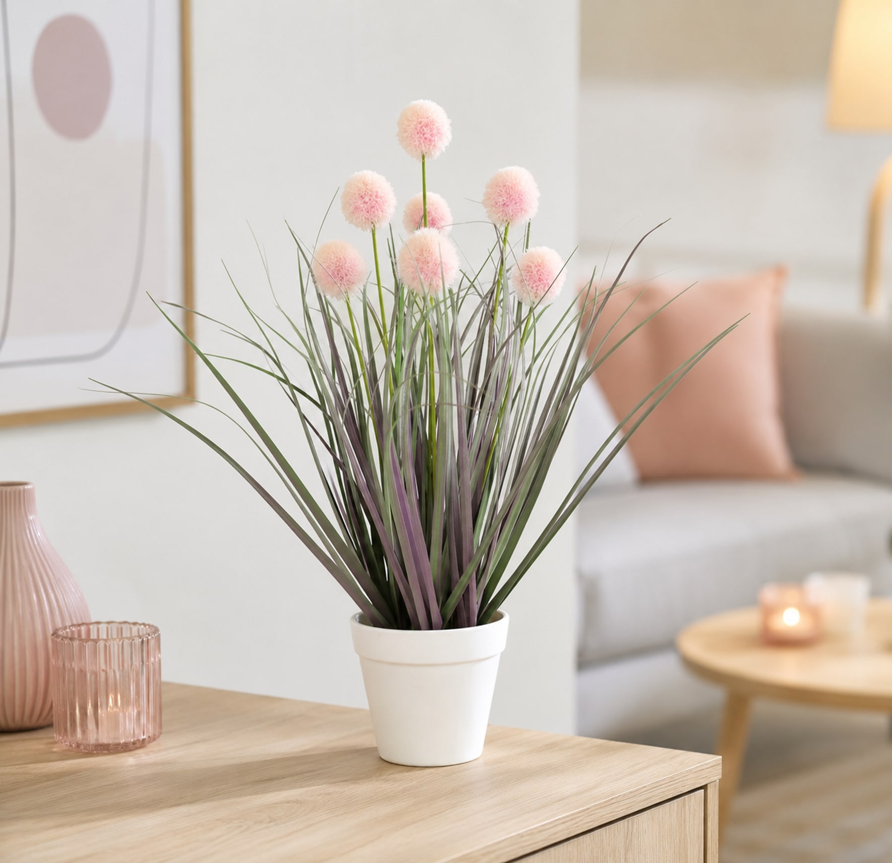 I.GE.A. Kunstpflanze »Kunstgras Knopfgras Deko Pflanze im Topf 44 cm« Ziergras mit rosa Blütenbällen, pflegeleicht, künstliche Zimmerpflanze