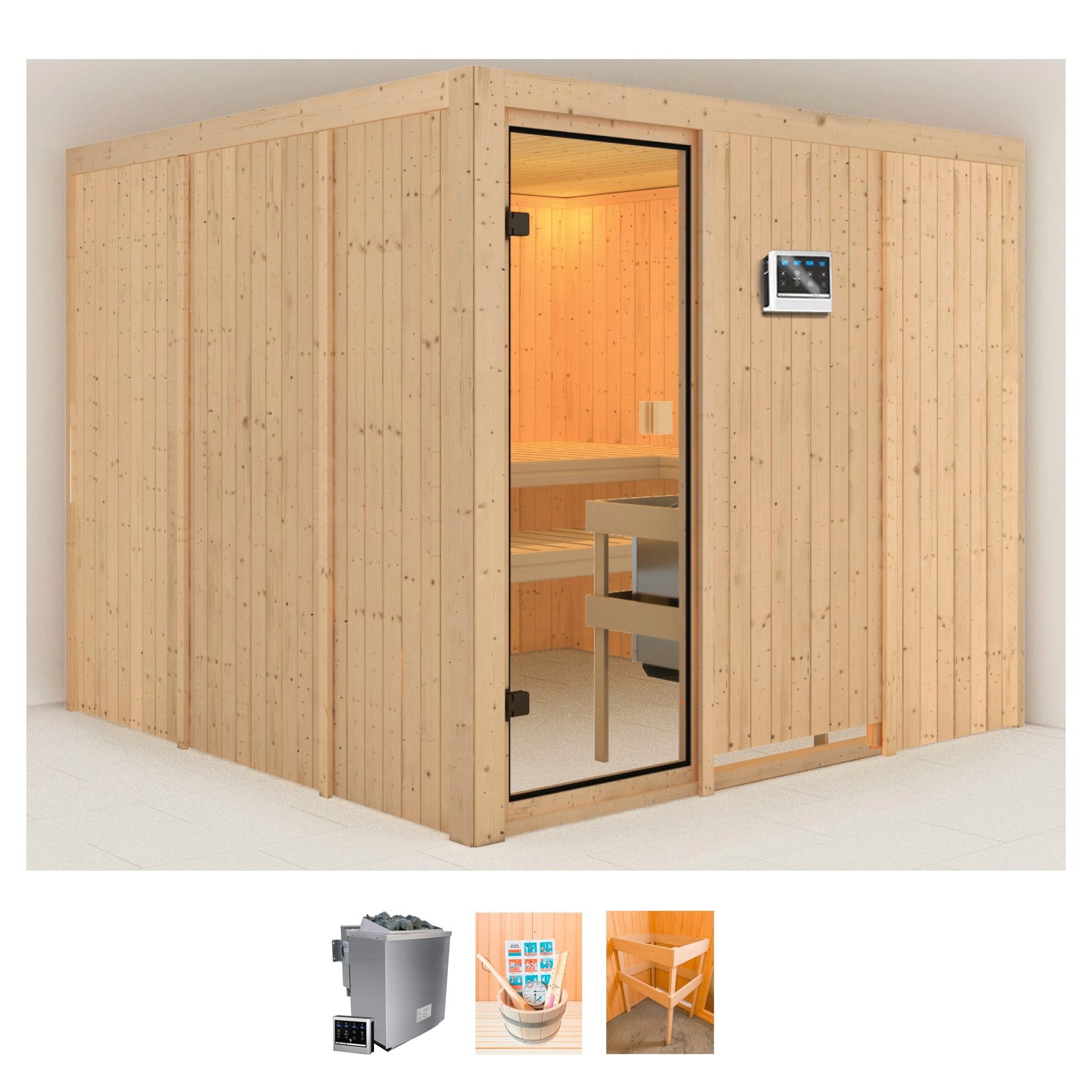 welltime Sauna »Fedora«, (Set), 9-kW-Bio-Ofen mit ext. Steuerung, mit 6-tlg. Zubehörset kaufen