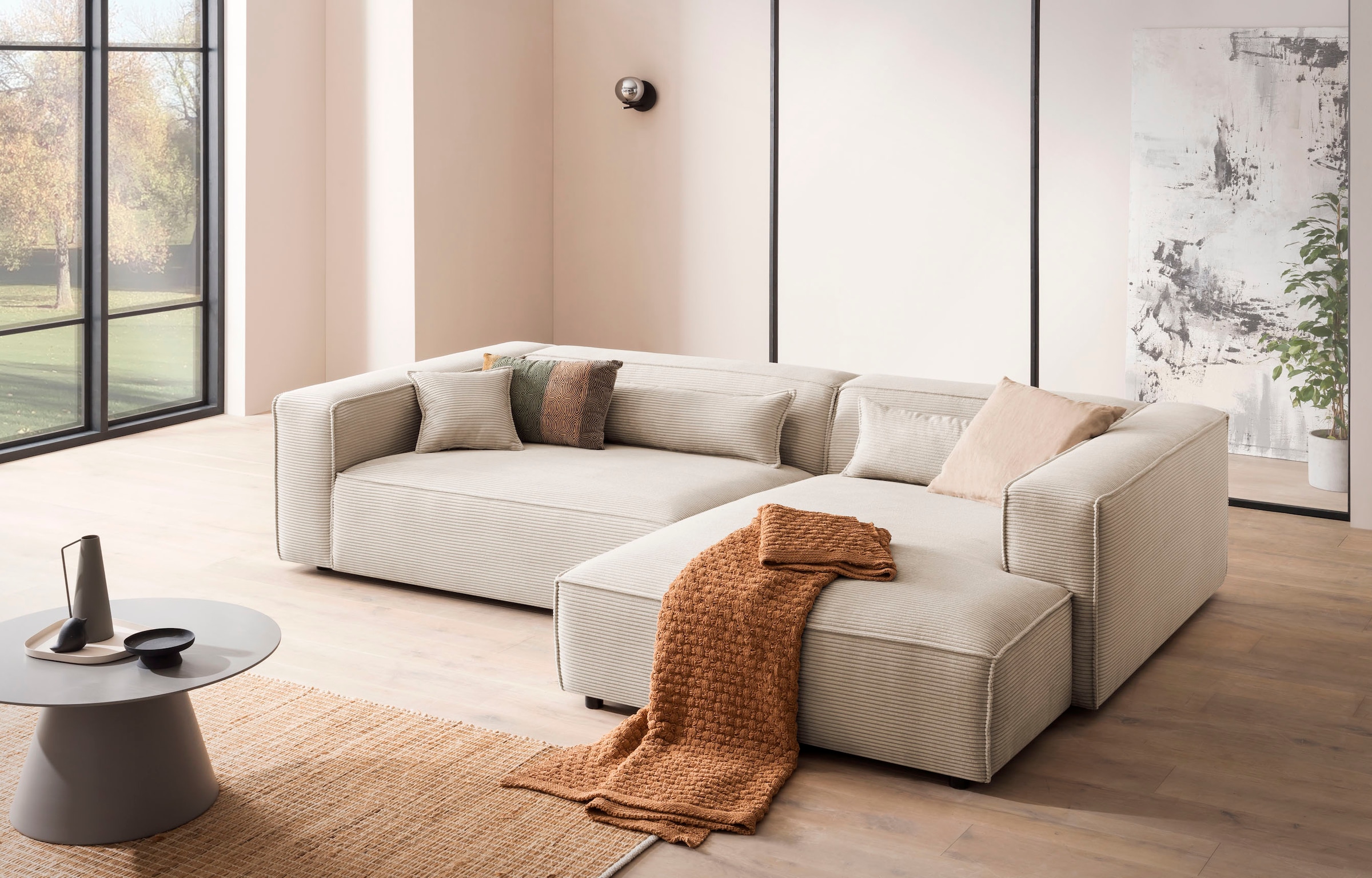 LeGer Home by Lena Gercke Ecksofa »PIARA XXL, Big-Sofa in Cord oder Leinenoptik, L-Form, mit Kedernaht«, wahlweise Ottomane rechts/links, schwarze Füße, extra tiefe Sitzfläche