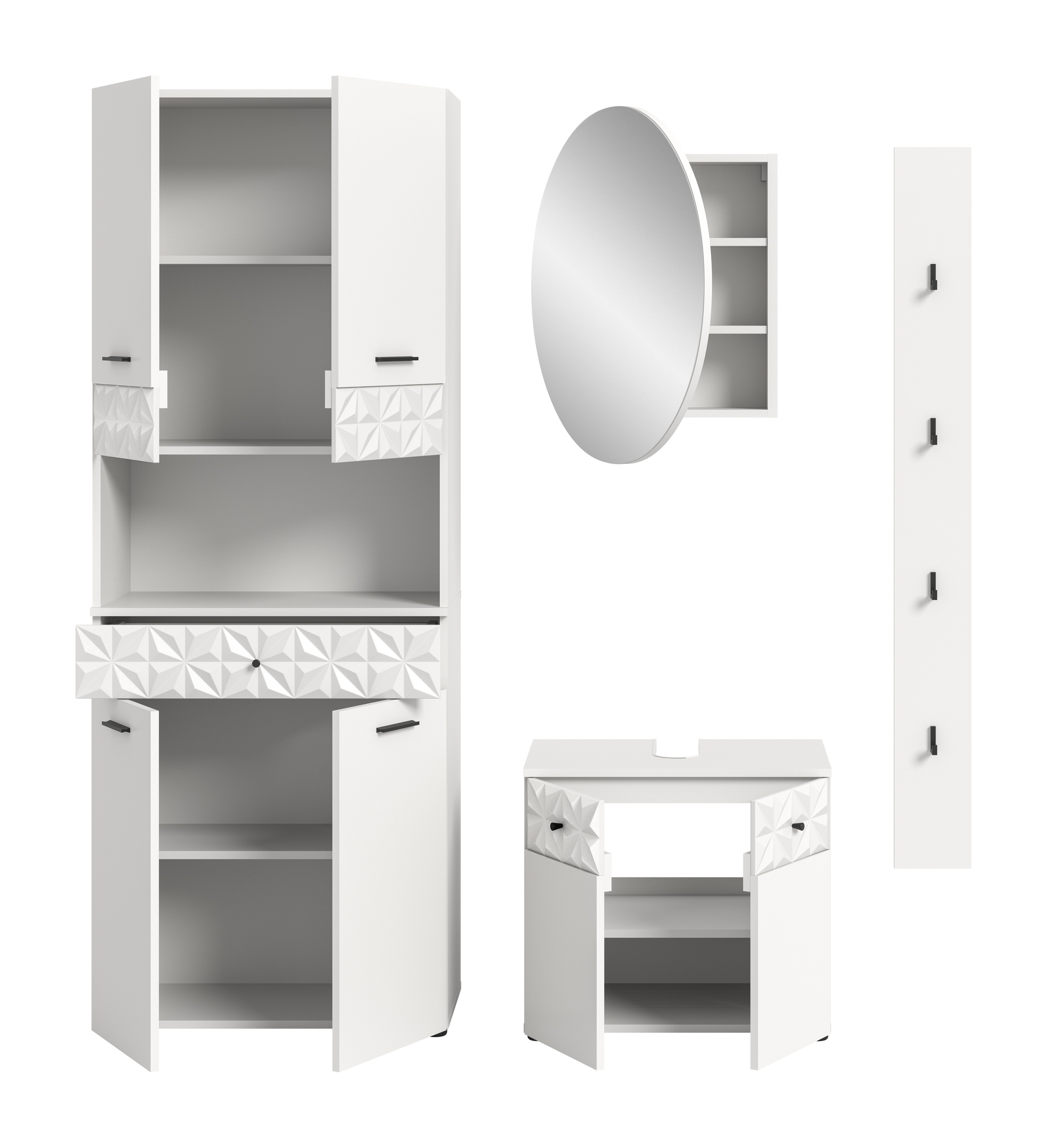 INOSIGN Badezimmer-Set »VICENZA, TOPSELLER!, Breite 176cm, 4-teilig, mit Ornamentabsetzung«, (Hochschrank, Waschbeckenunterschrank, Spiegelschrank und Hakenleiste), Hochschrank, Waschbeckenunterschrank, Spiegelschrank und Hakenleiste