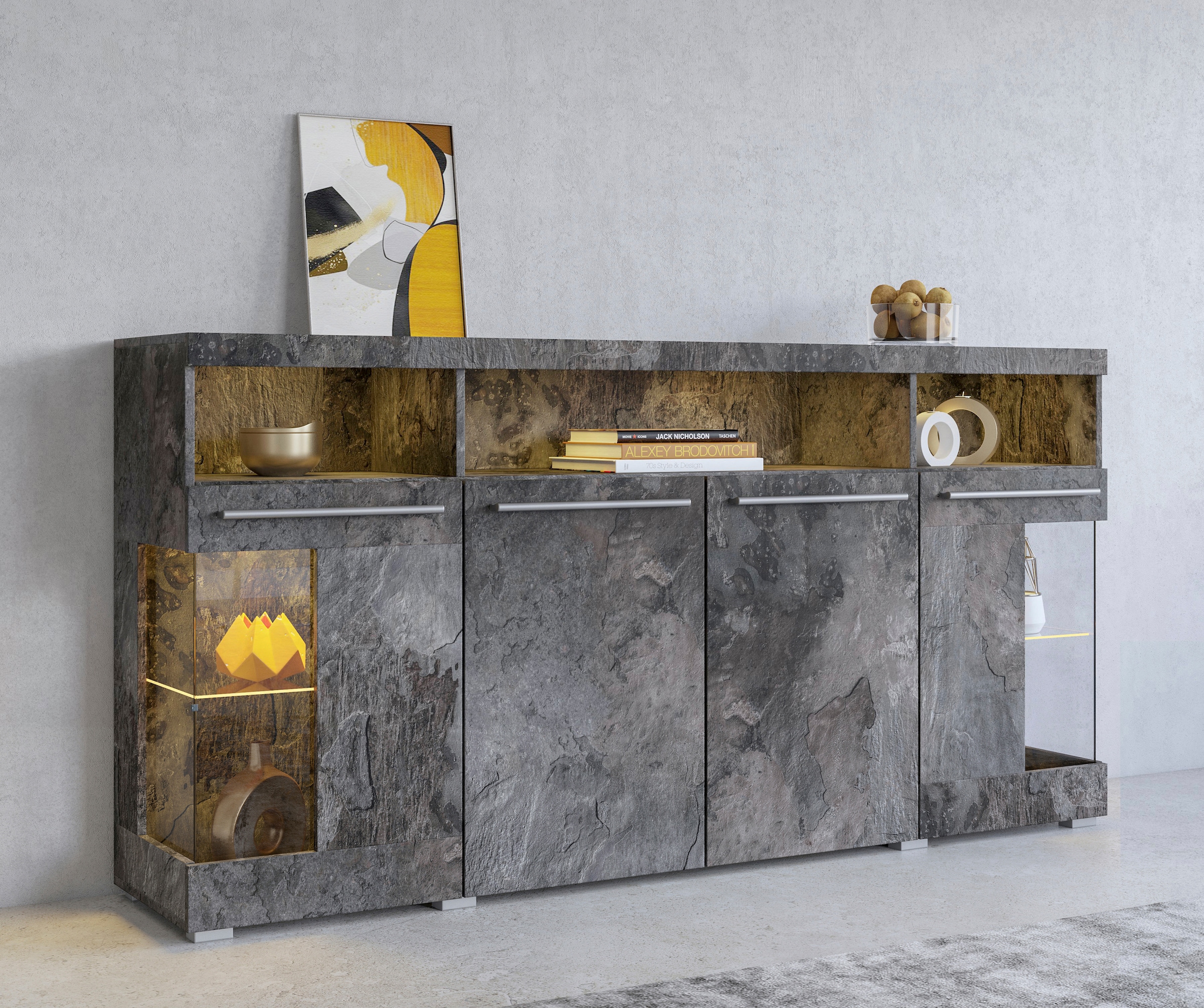 INOSIGN Sideboard "India,Breite 182cm, stilvolle Kommode mit Glastüren", Kombikommode viel Stauraum, Einlegeböden verste