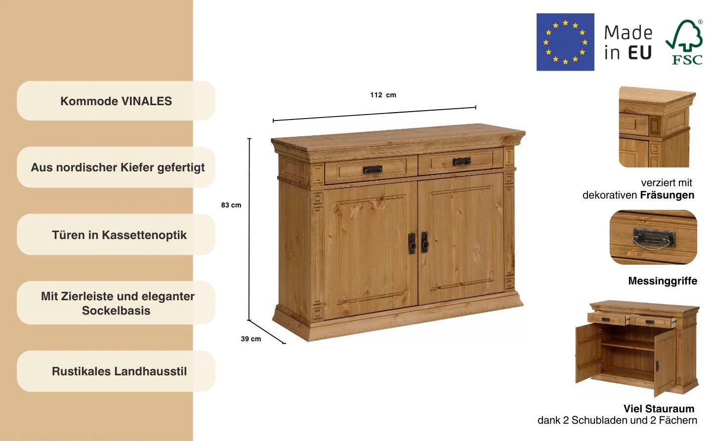 Thumbnail - Home affaire Kommode "Vinales", Breite 112 cm aus massiver Kiefer