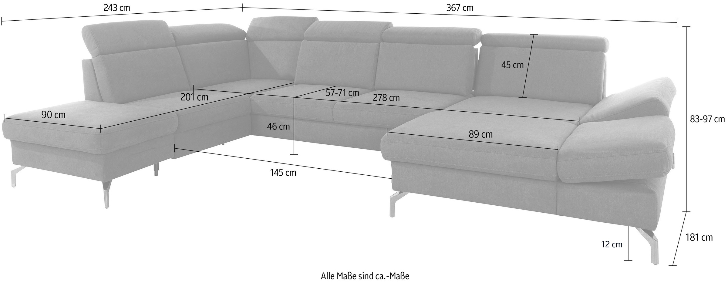 sit&more Wohnlandschaft »Brisbane U-Form«, Fußhöhe 12 cm, inklusive Sitztiefen-, Armteil- und Kopfteilverstellung