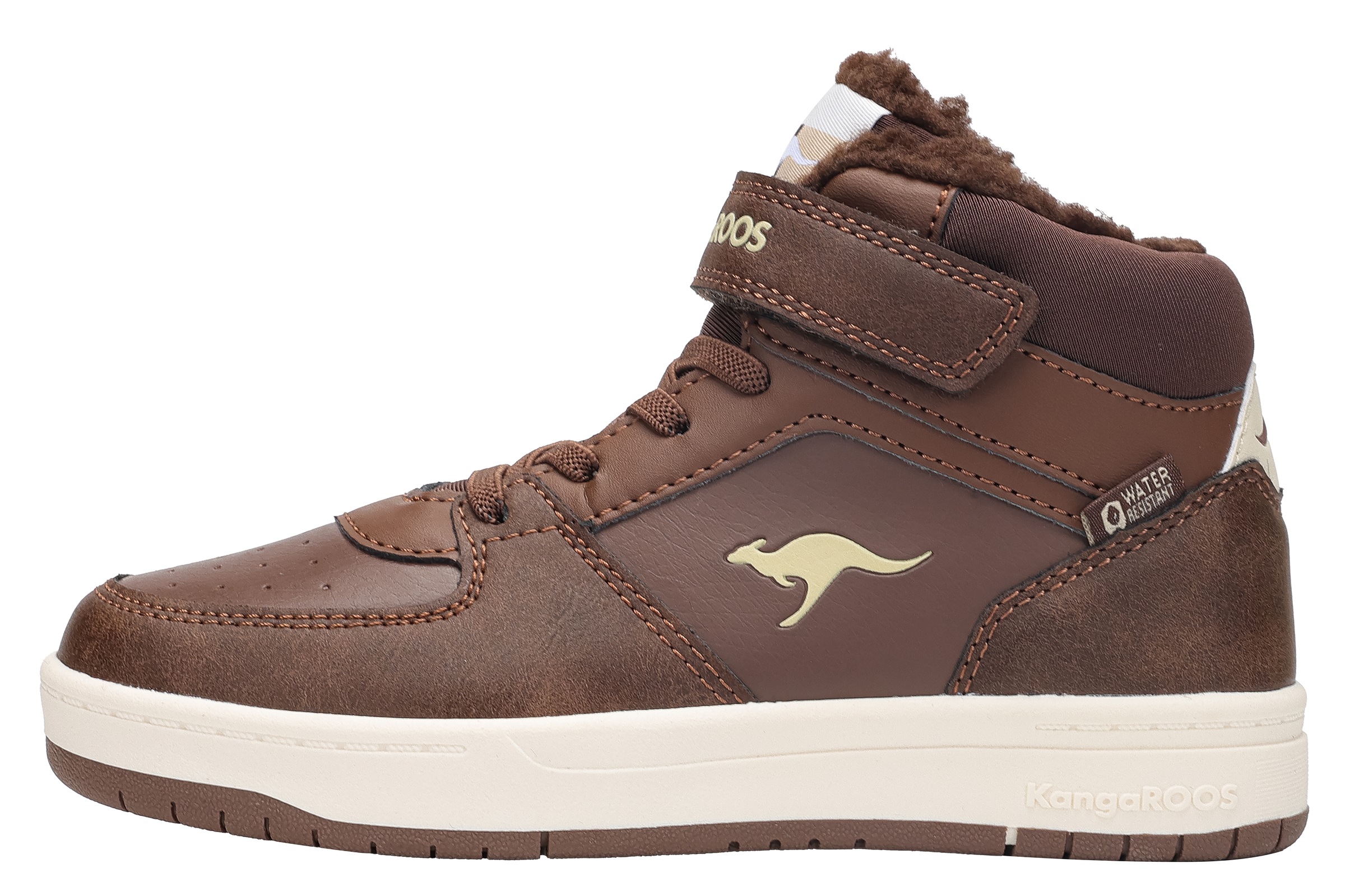Sneaker KANGAROOS "K-CP Bound Mid EV", Mädchen, Gr. 28, schwarz (slate schwarz, blond wood), Synthetik, Schuhe Sneaker, Wasserabweisend, Warmfutter,Winterschuhe, Schnürboots, Sneakerboots