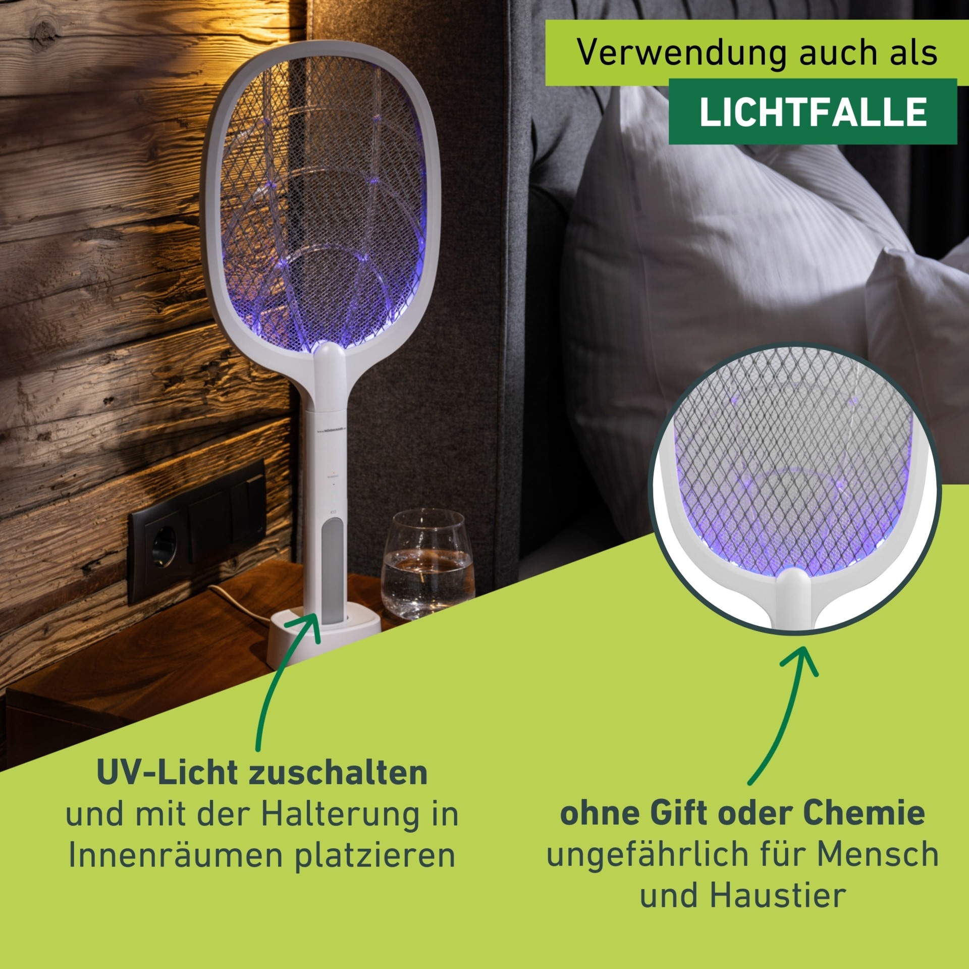 Windhager Fliegenklatsche »elektrisch 2in1, Insektenvernichter durch UV-Licht« Fliegenfänger aufladbar, Lichtfalle inkl. Halterung und USB Ladekabel