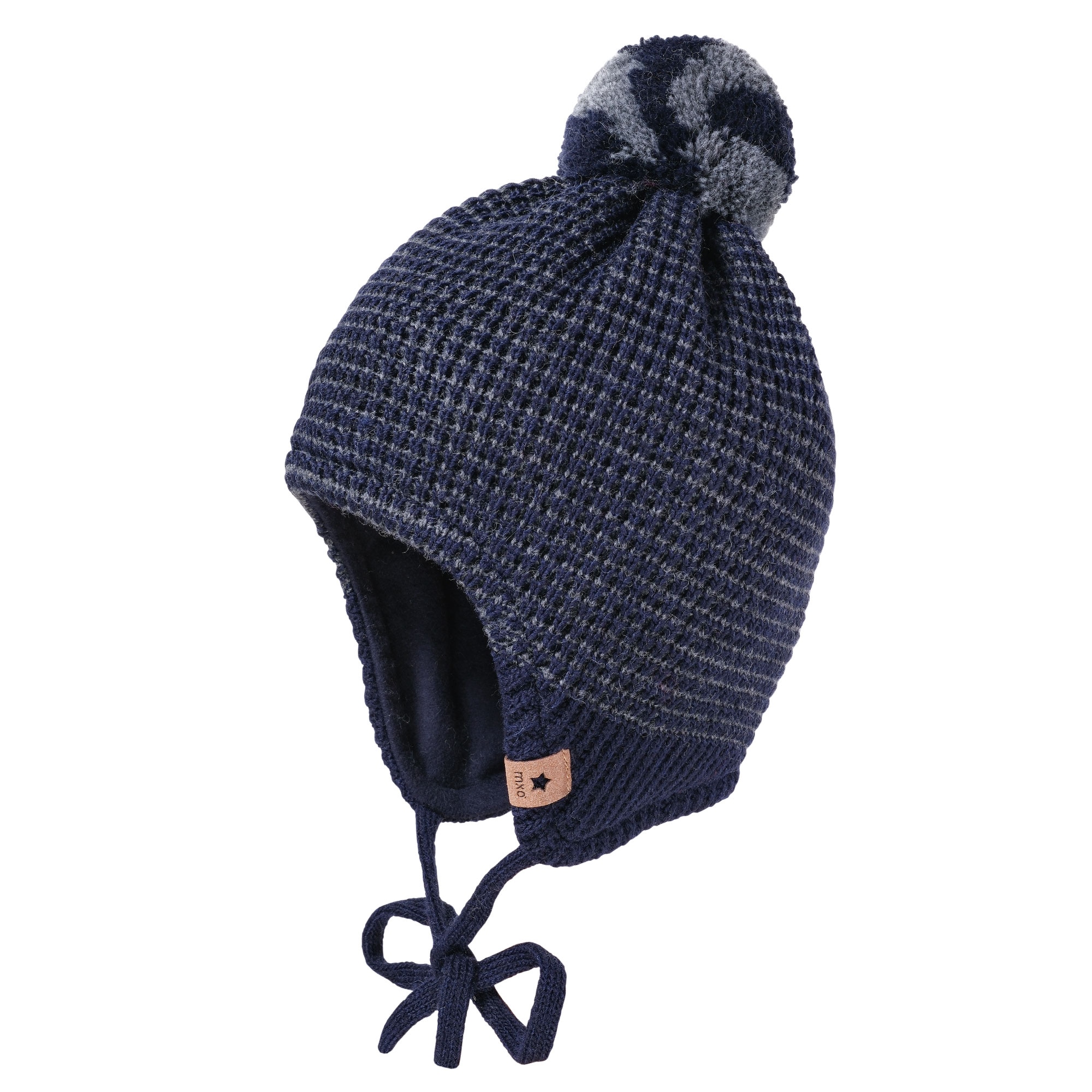 MAXIMO Jungen Strickmütze, blau, Gr. 47, mehrfarbig, Strick, Materialmix, Mützen, Wollanteil, gefüttert, zum Binden, mit Bommel