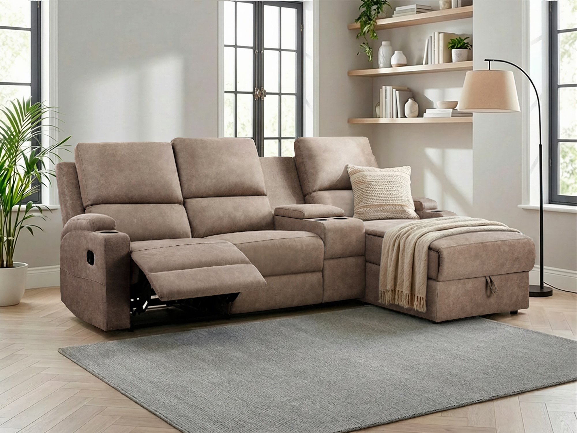 OTTO home Ecksofa "NAPORI Microfaser, Multimediasofa, 3er Kinosessel XXL, L-Form" Kinosofa, manuelle o. elektr. Relaxfunktion, Staufach, Getränkehalter