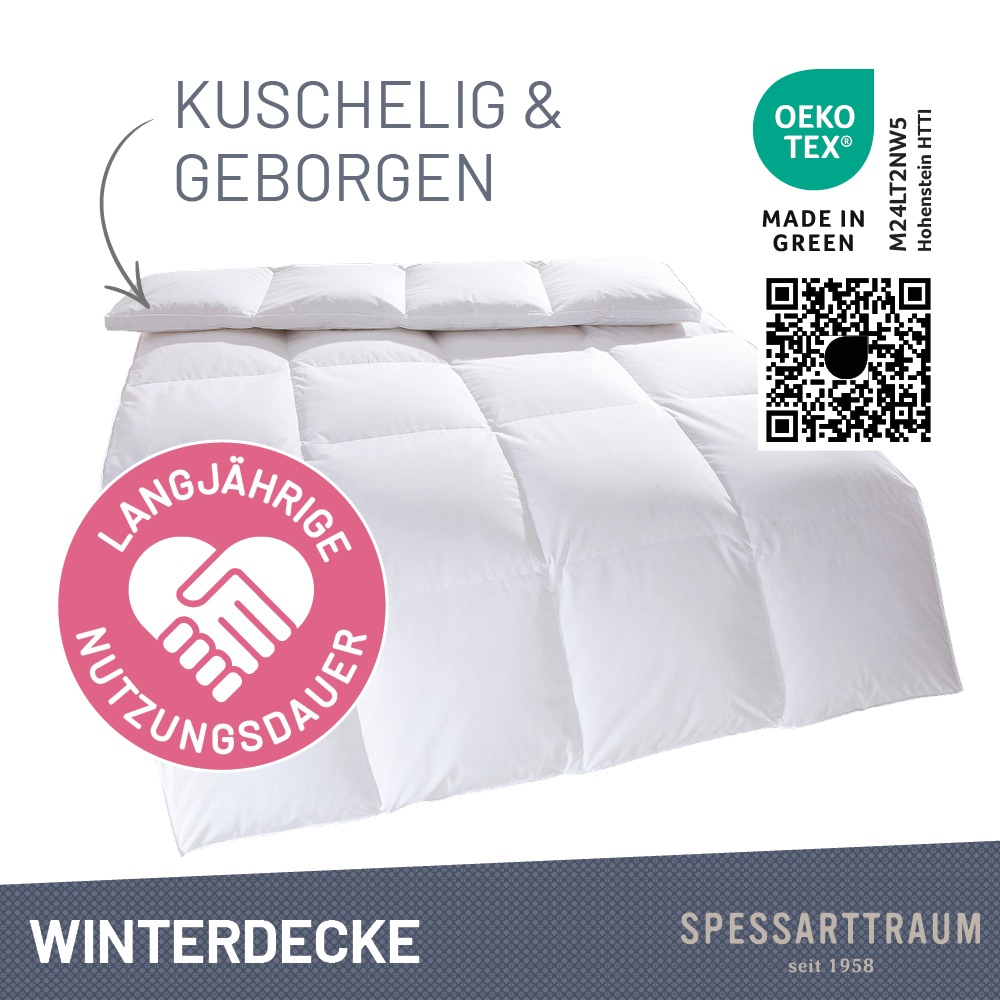 SPESSARTTRAUM Daunenbettdecke »First Class«, extrawarm, Füllung 90% Daunen / 10% Federn, Klasse 1, Downpass zertifiziert, Bezug 100% Baumwolle, Made in Green, Hausstauballergiker geeignet, (1 St.), 5 Wärmeklassen & 6 Größen, Bestseller