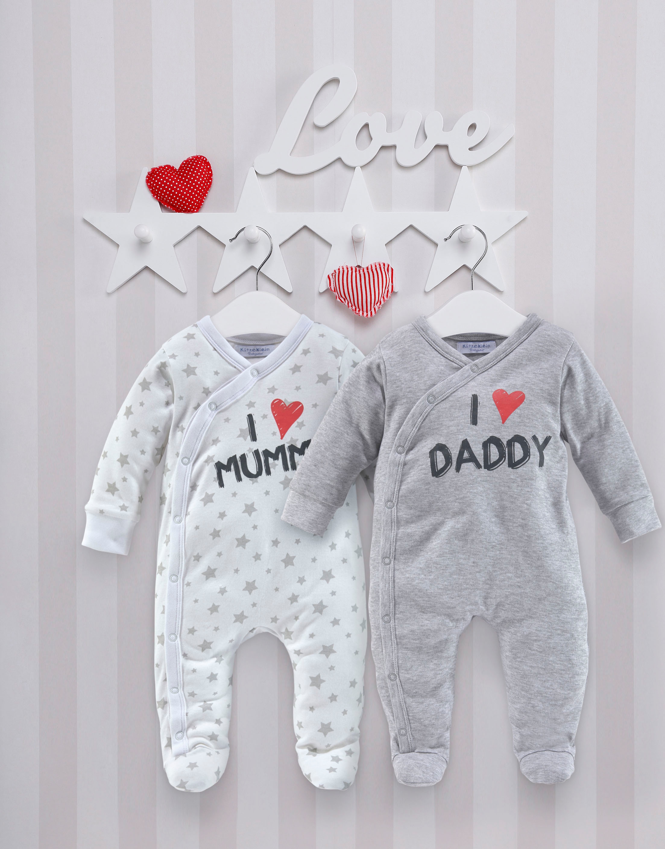 Klitzeklein Schlafoverall »2er Schlafoveralls: I love Mummy / I love Daddy«, (Packung, 2 tlg.), aus Bio-Baumwolle, Baby-Overalls