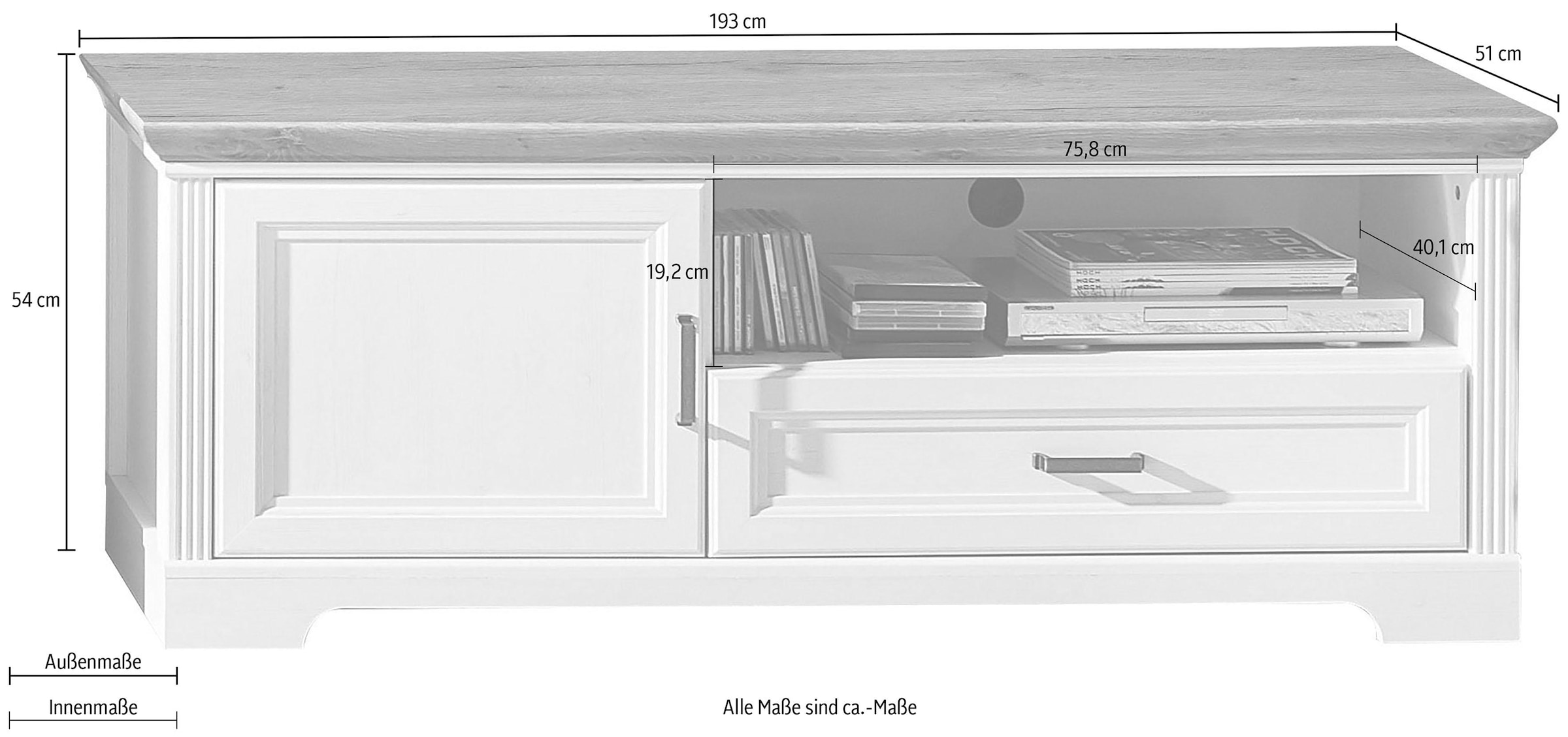 Innostyle Lowboard »Jasmin«, Breite 143 cm, 1 Holztür, 1 Schubkasten, 1 offenes Fach