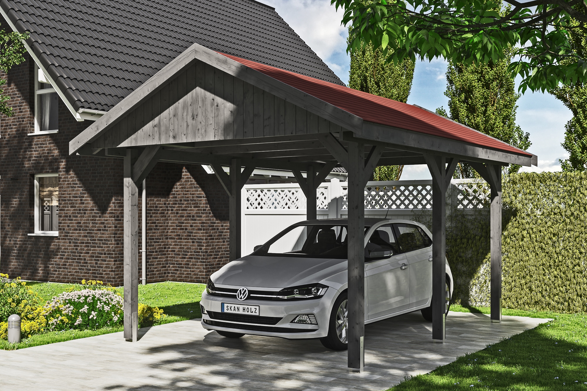 Skanholz Einzelcarport »Wallgau«, Nadelholz, 291 cm, Schiefergrau, mit roten Dachschindeln