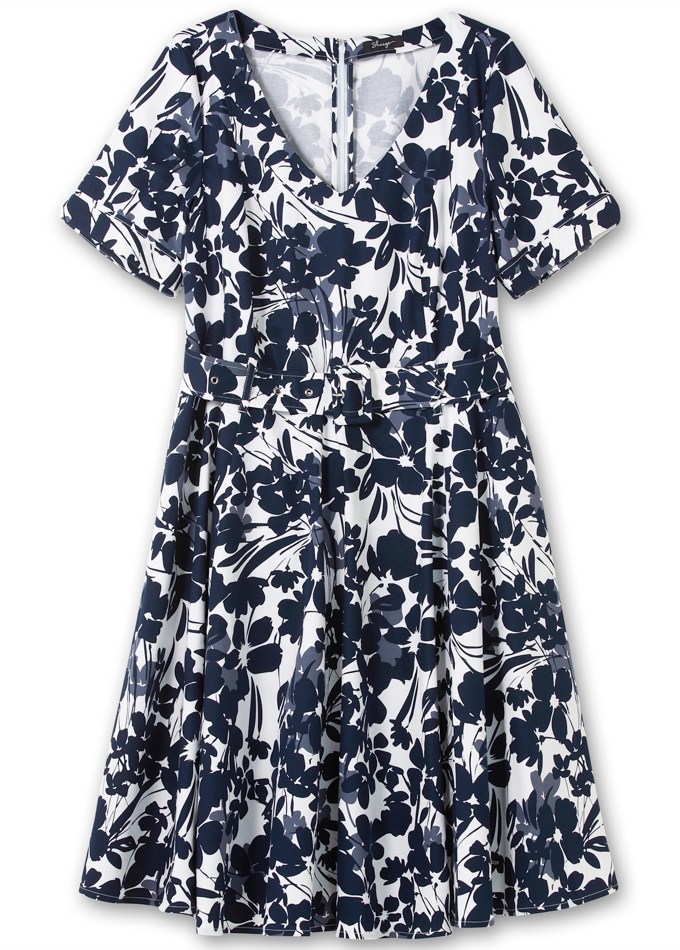 Cocktailkleid SHEEGO "Abendkleid", Damen, Gr. 52, Normalgrößen, blau (marine, gemustert), 97% Baumwolle, 3% Elasthan, geblümt, gemustert, mehrfarbig, knielang, V-Ausschnitt, Kleider 2