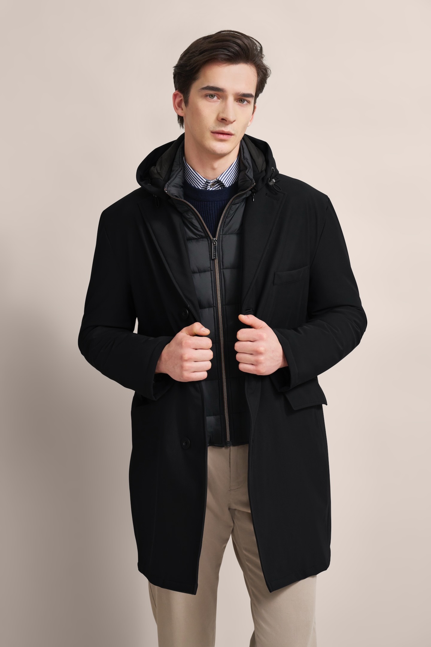 Kurzmantel BUGATTI, Herren, Gr. 58, schwarz, 77% Polyamid, 23% Elasthan, unifarben, normal, normaler Saum, Mäntel Kurzmantel, mit abnehmbarer Kapuze 3