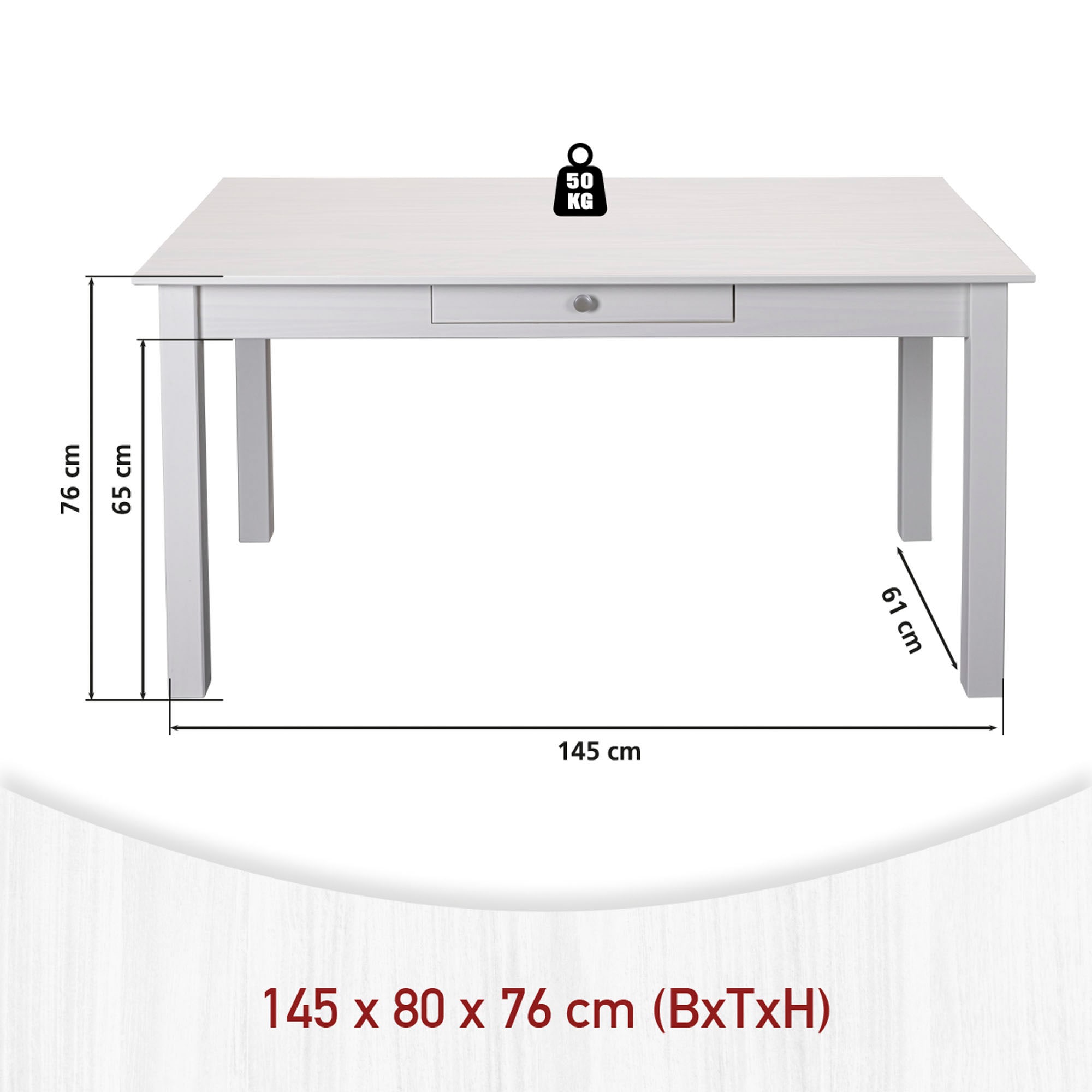 Inter Link Esstisch »Pinora aus massiver Kiefer, weiss lackiert, 145 x 80 x 78 cm« 1 Stk. tlg. Esszimmertisch im modernem Skandi Look, mit Schublade