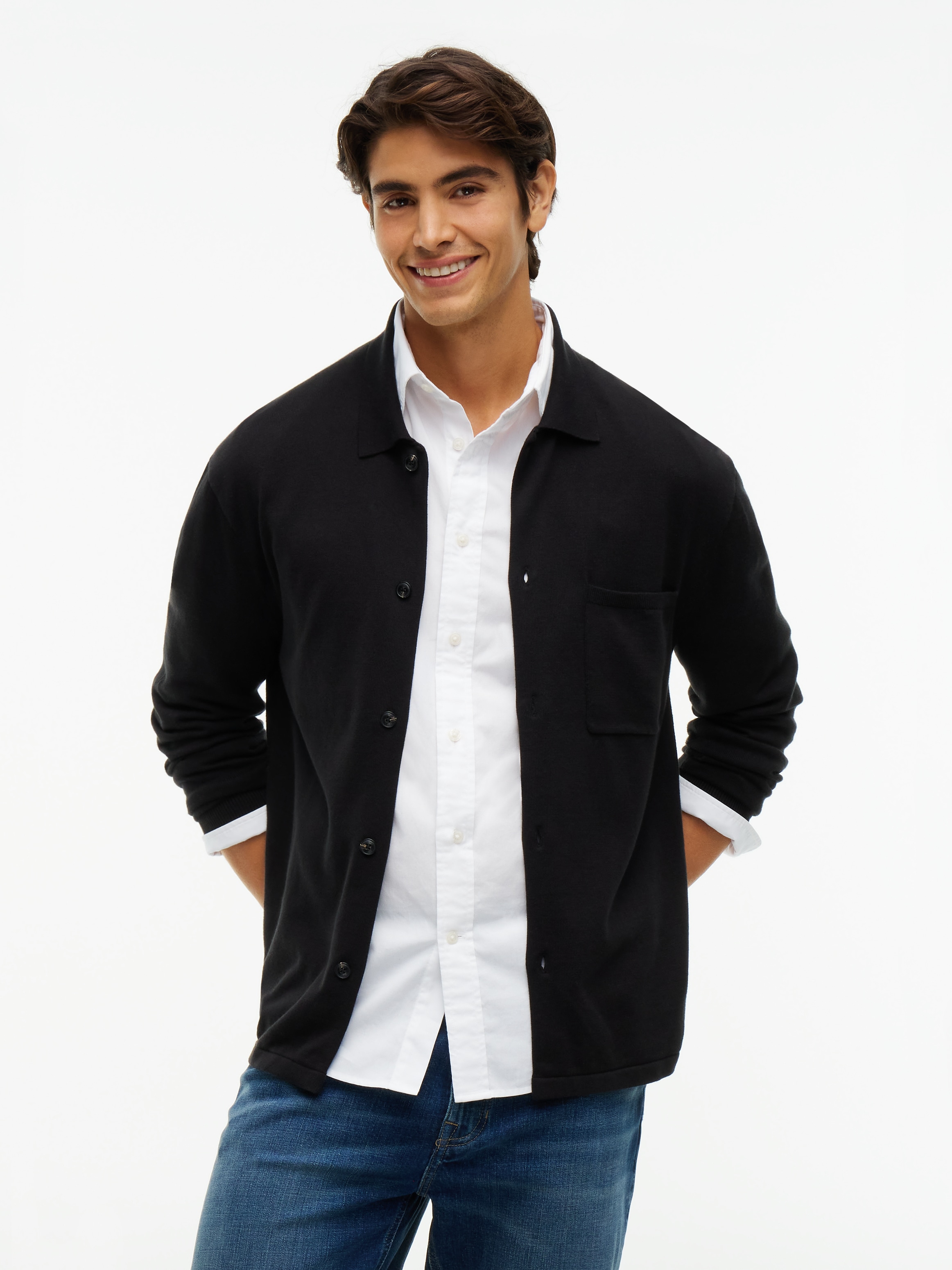 Tommy Hilfiger Strickjacke "ESSENTIAL COTTON" Relaxed Fit Strick-Overshirt mit Flag-Stickerei