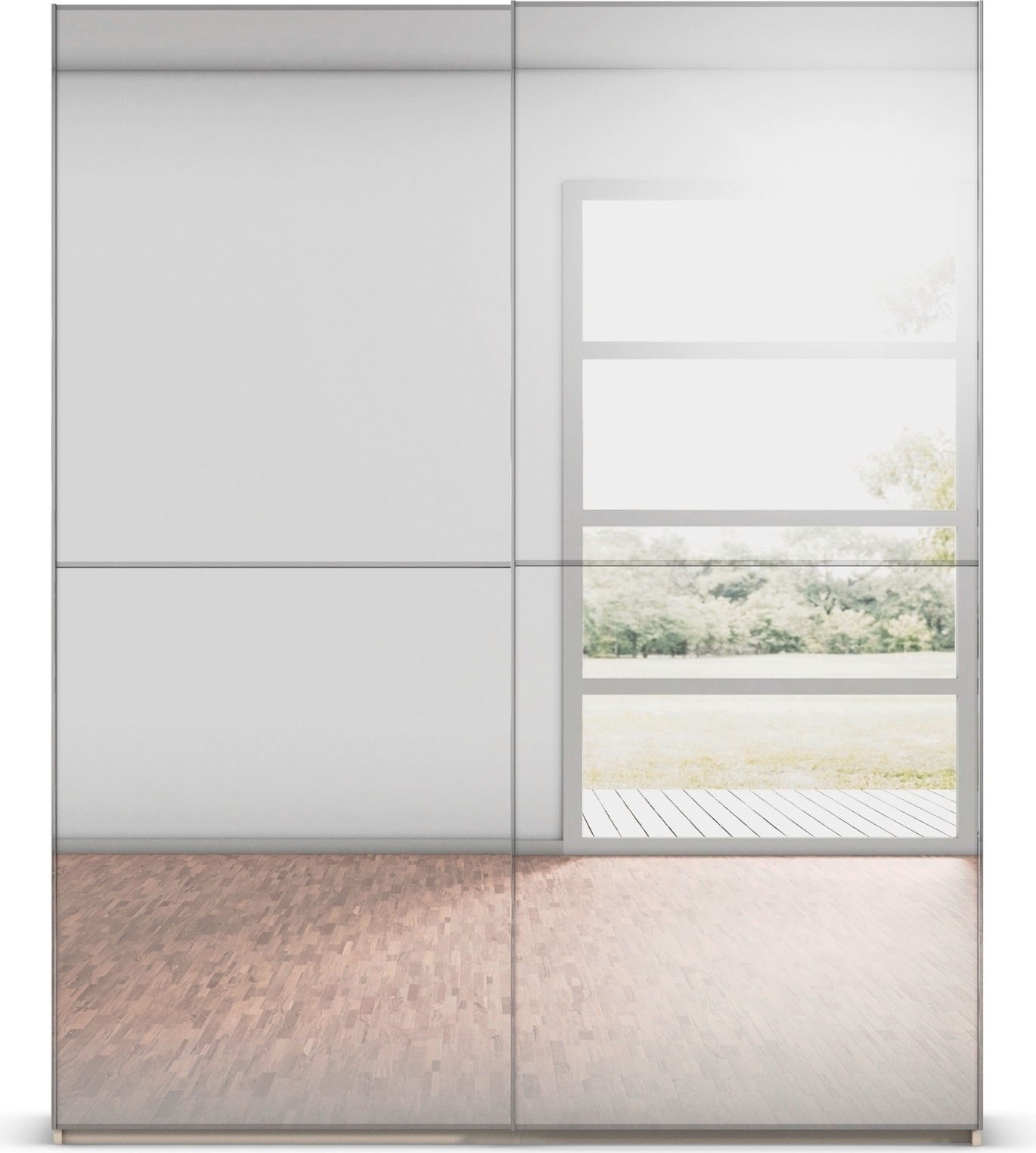rauch Schwebetürenschrank »Kleiderschrank Schrank Garderobe Schlafzimmerschrank SCALE-DUO«, edle zweigeteilte Türen Spiegelfront und 3 Zierleisten MADE IN GERMANY