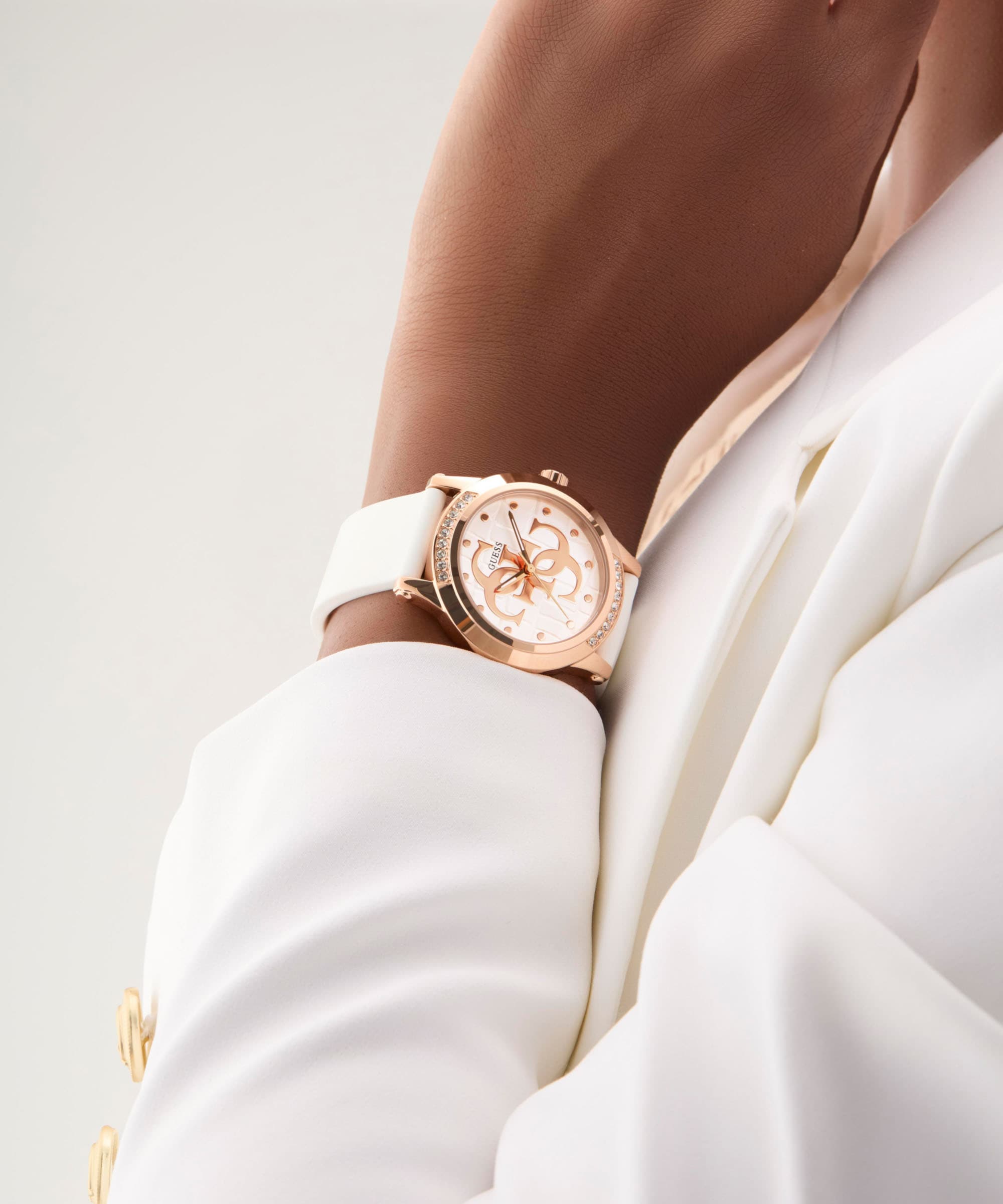 Guess Quarzuhr »ANNETTE«, Armbanduhr, Damenuhr, Silikonarmband, analog, Kristallsteine