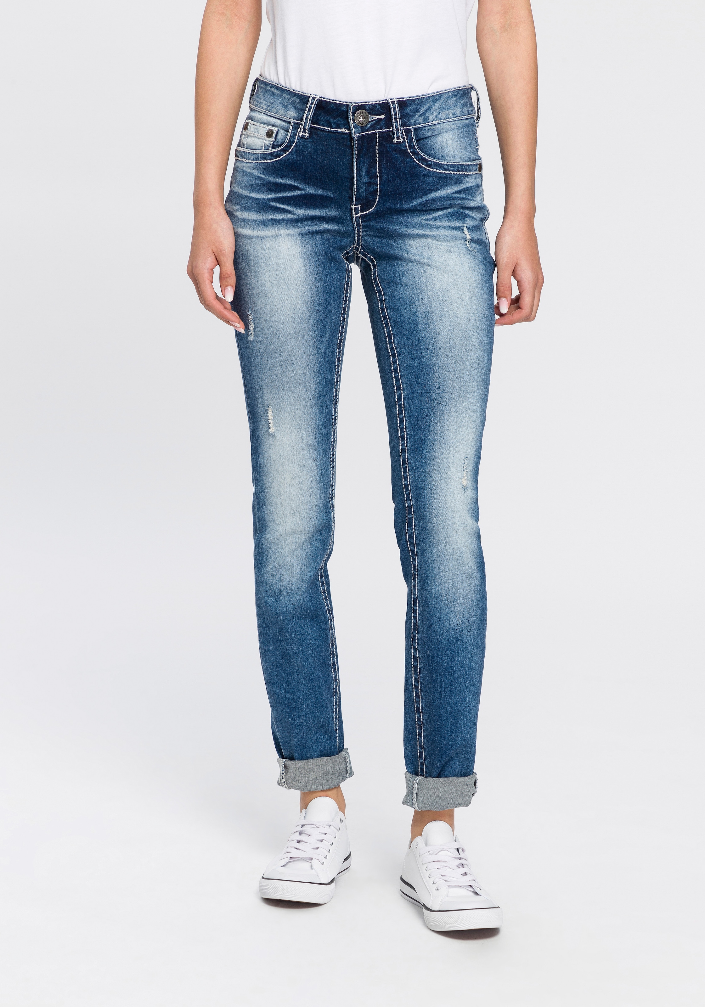 Arizona Skinny-fit-Jeans »mit Kontrastnähten und Pattentaschen«, Low Waist