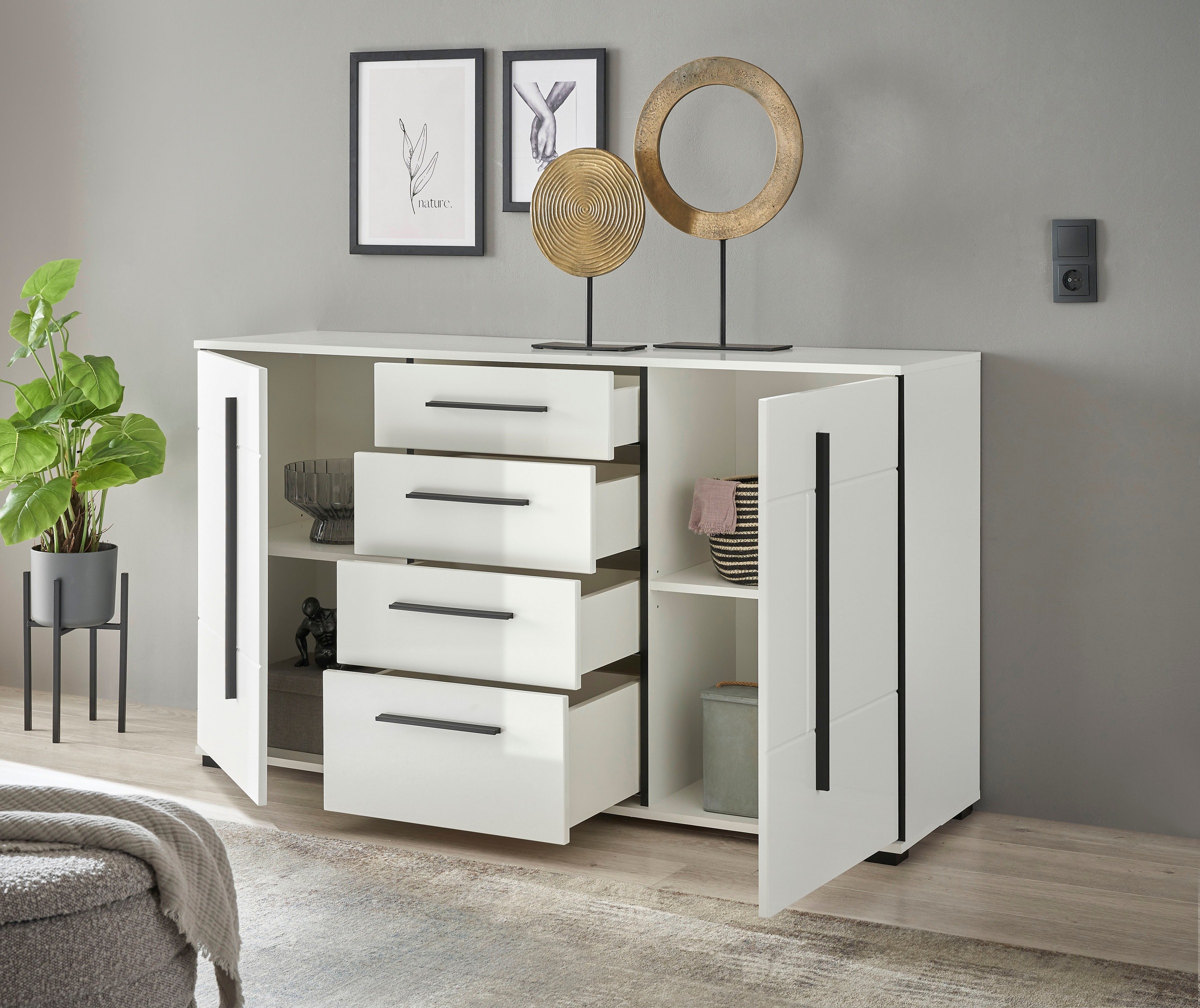 INOSIGN Sideboard »Cantara, moderner Schrank, Kommode in Eiche Evoke oder weiß«, schwarze Stangengriffe, ausreichend Stauraum, vielseitig einsetzbar