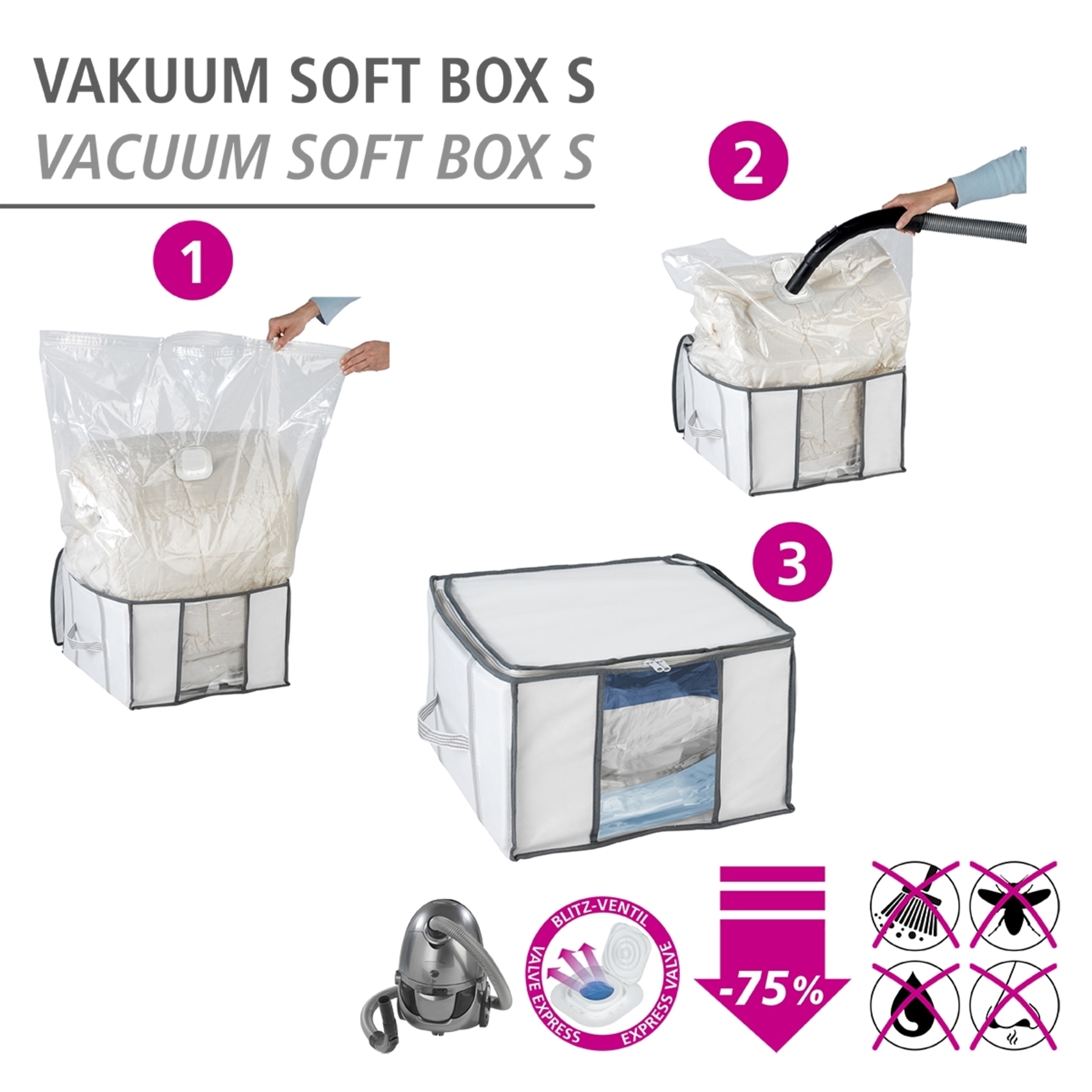WENKO Unterbettkommode »Vakuum Soft Box S«, integrierte Vakuum-Tasche & Blitzventil, bis zu 75 % Platzersparnis