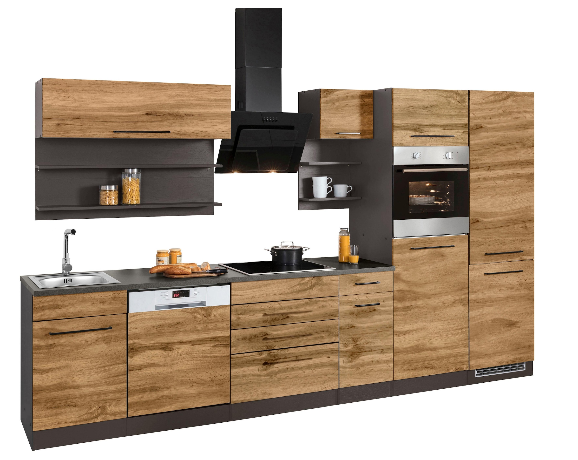 KOCHSTATION "KS-Tulsa" mit E-Geräten, Breite 330 cm, schwarze Metallgriffe, MDF Fronten