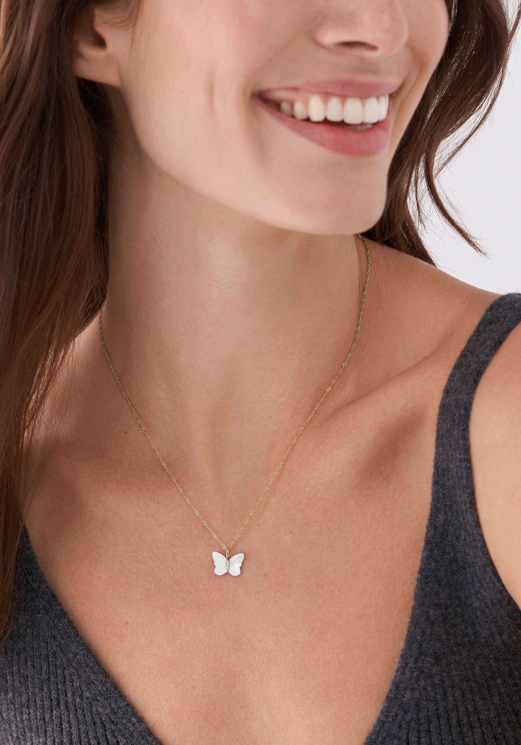 Kette mit Anhänger FOSSIL "Schmuck Geschenk Edelstahl Halskette JEWELRY Schmetterling", weiß (gelbgoldfarben, kristallweiß, perlmuttfarben), Halsketten, Damen, Edelstahl, L: 46,5, mit Zirkonia (synth.) - mit Perlmutt 4